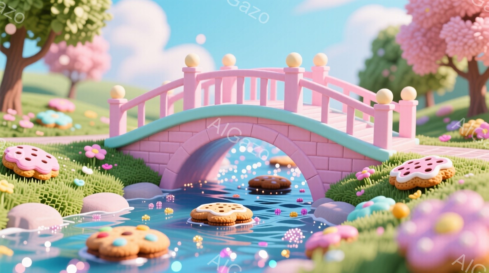 鮮やかな緑の芝生とピンクの花々が生い茂る、ファンタジックな風景の中に、可愛らしいピンクのアーチ橋が描かれています。橋の下を流れる水面には、ビスケットのような浮き輪が浮かび、カラフルな水滴が散りばめられ - AI生成フリー素材