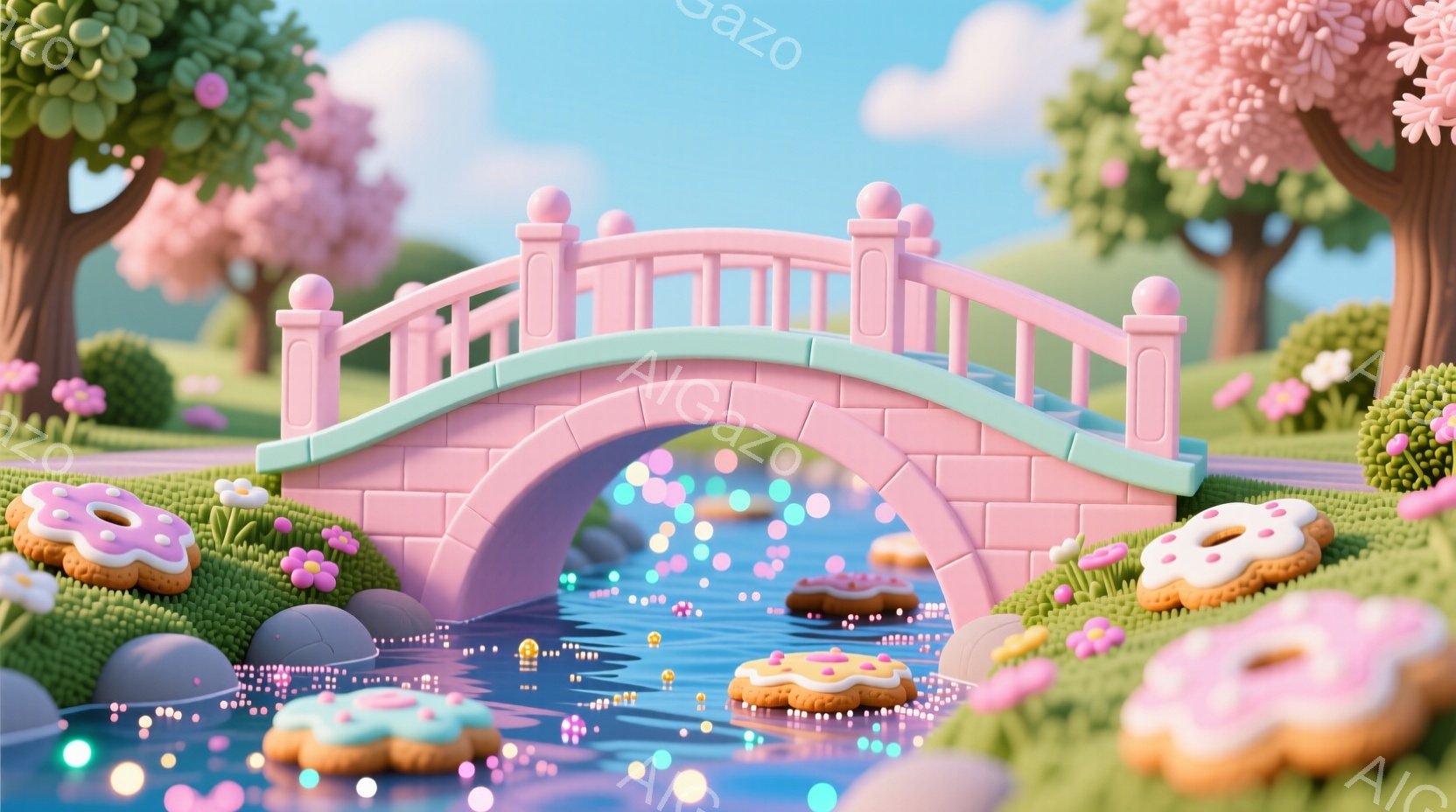 淡いピンク色のアーチ橋が、水面を流れるキラキラとした水流の上に架かっています。橋の周りには、可愛らしい花や、まるでクッキーのようなお菓子が散りばめられ、背景には緑豊かな丘と、ピンク色の花が咲き誇る木々が広がっています。全体的に、夢のような、甘くて優しい雰囲気が漂っています。