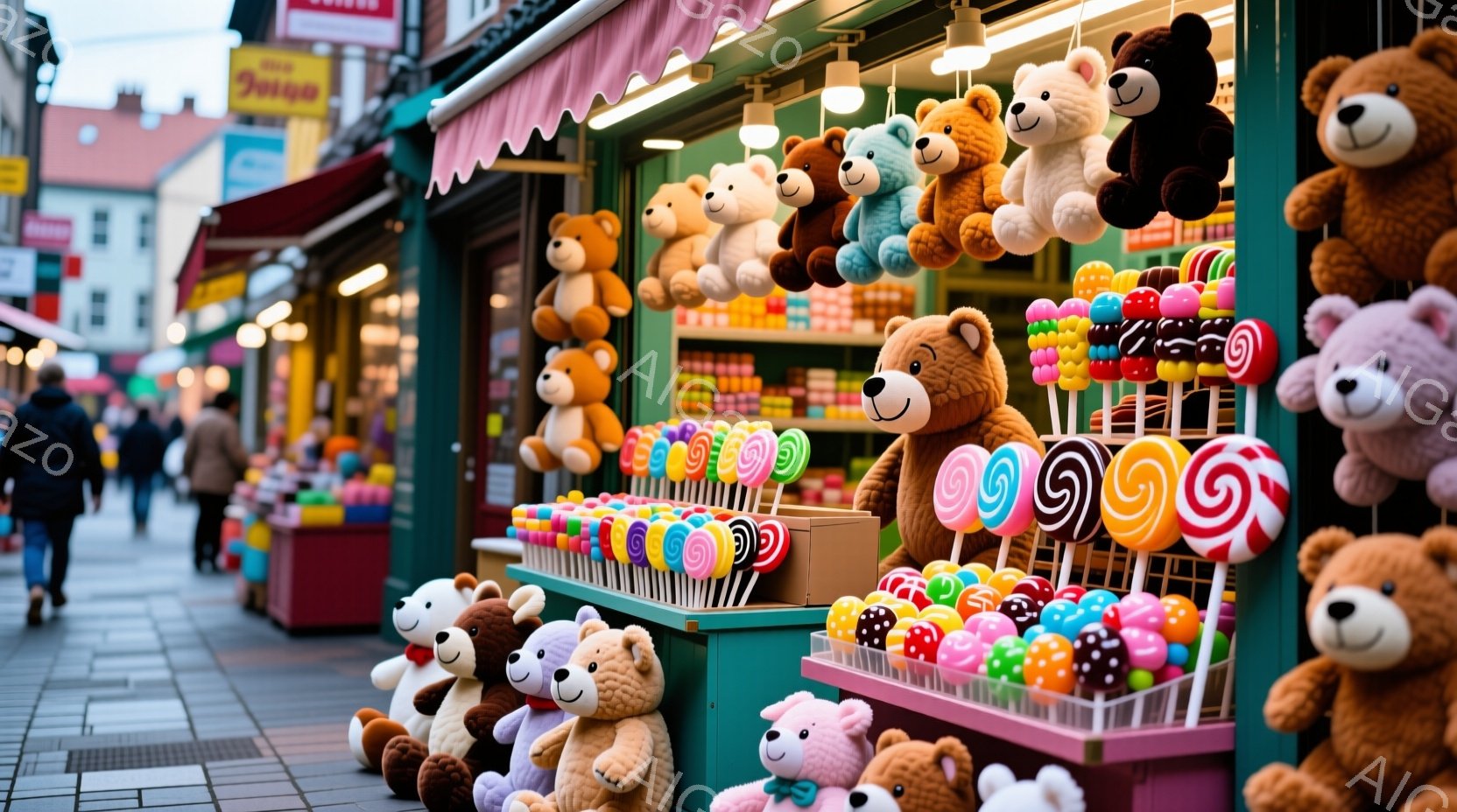 色とりどりのテディベアやキャンディーが並んだ屋台が写っている。背景には石畳の道とヨーロッパ風の建物が広がり、歩行者がぼんやりと見える。全体的に明るく、お祭りや観光地の楽しい雰囲気が漂っている。 - AI生成フリー素材