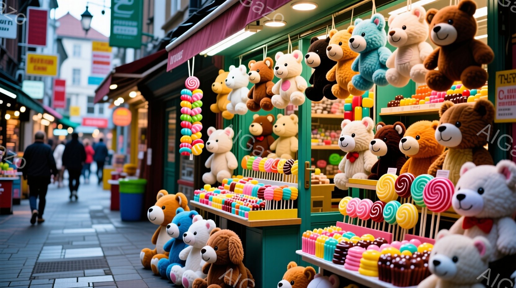 賑やかな市場の屋台には、カラフルなキャンディーやチョコレートを模したぬいぐるみで溢れています。通路には人々が歩いており、屋台の鮮やかな色彩と対照的です。背景には石造りの建物が見え、晴れた日の活気ある市 - AI生成フリー素材