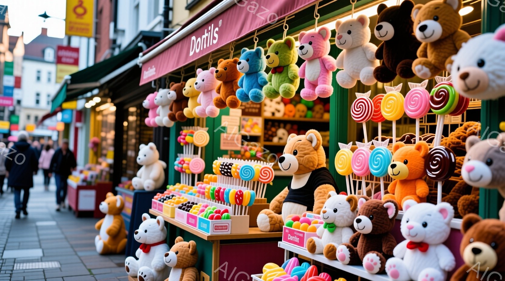 色とりどりのキャンディやぬいぐるみで飾られた店が並び、賑やかな市場の様子が伺えます。背景にはカラフルな建物が立ち並び、晴天の下、人々が歩く姿が見られます。全体的に明るく活気のある、お祭り気分の漂う雰囲 - AI生成フリー素材