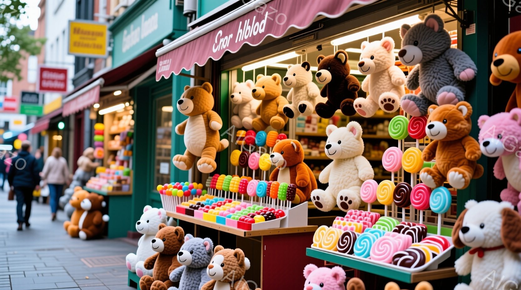 舗道の脇に、カラフルなキャンディやぬいぐるみで溢れたお店が並んでいます。多くのテディベアや動物のぬいぐるみが、可愛らしく飾られており、歩行者が通り過ぎています。背景にはヨーロッパ風の建物が立ち並び、曇り空の下、賑やかな観光地の雰囲気が漂っています。