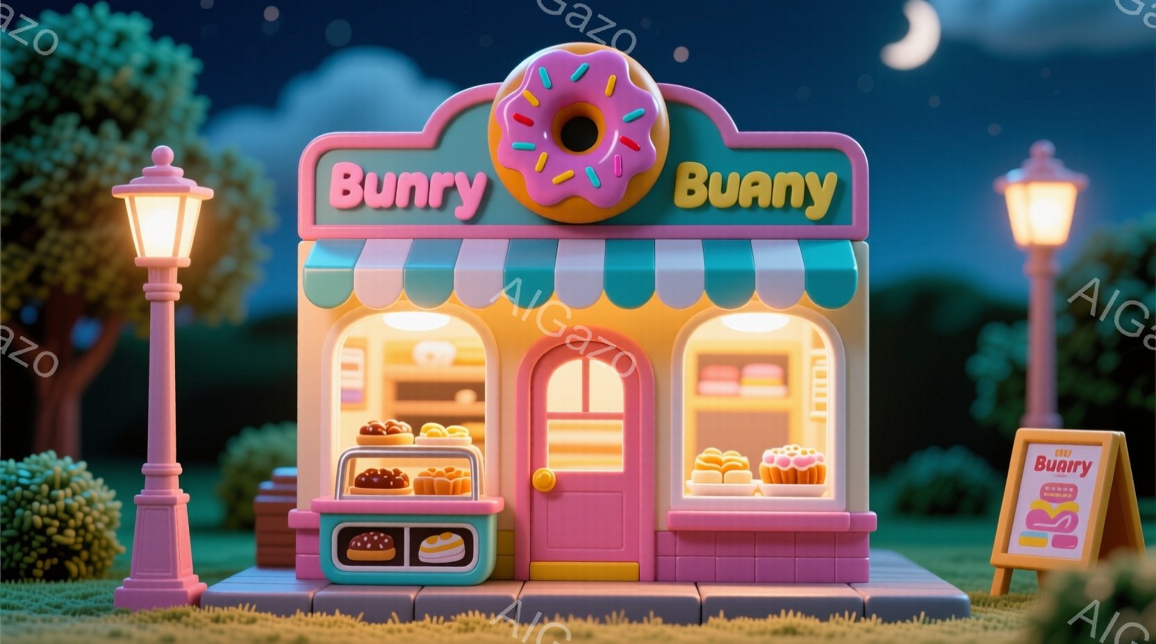ピンク色の可愛らしいドーナツ店が描かれています。ショーケースには様々な種類のドーナツが並び、店の外には緑の芝生と街灯があり、夜空には三日月が浮かんでいます。全体的に温かく、夢のような雰囲気が漂っていま - AI生成フリー素材