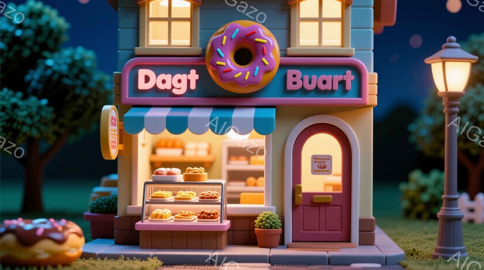 鮮やかなピンク色のドーナツが飾られた、可愛らしいベーカリーの正面図です。建物は暖色系のレンガ調で、ショーケースには様々な種類の焼き菓子が並び、入り口には小さなプランターが置かれています。背景には緑豊かな芝生と木々があり、街灯が灯り、ファンタジーのような温かい雰囲気が漂っています。