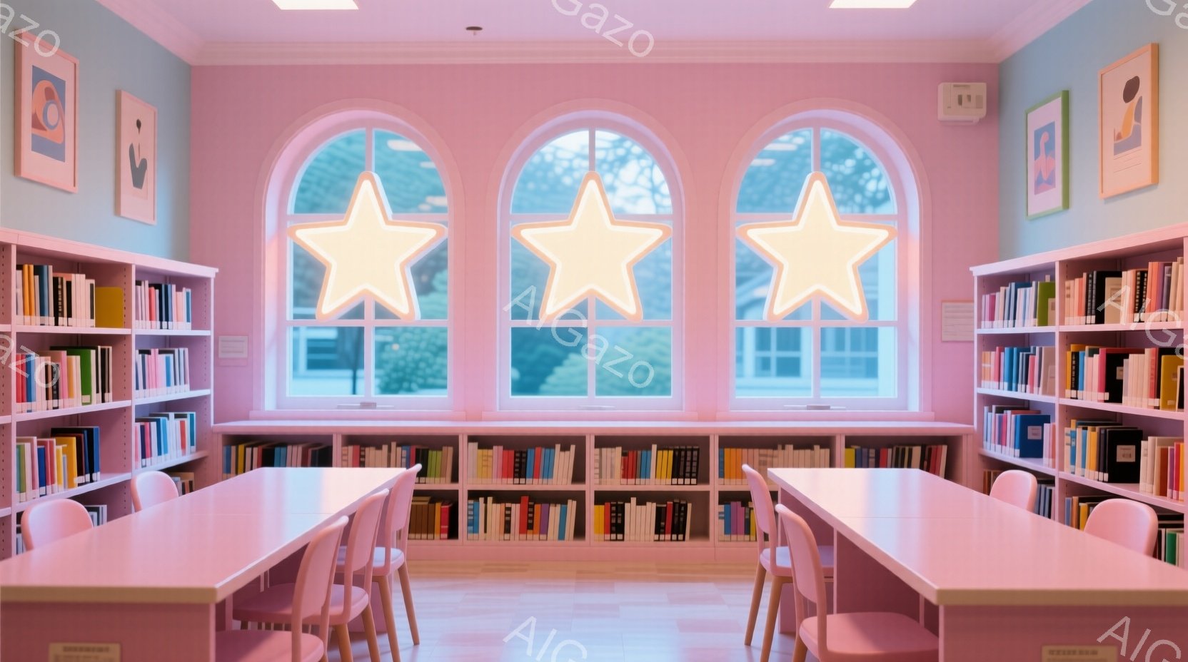 暖色系のピンクを基調とした図書館内部で、窓から差し込む光が心地よい空間を演出している。窓際には本棚が並び、机と椅子が整然と配置されている。全体的に明るく、落ち着いた雰囲気で、読書や勉強に集中できるよう - AI生成フリー素材