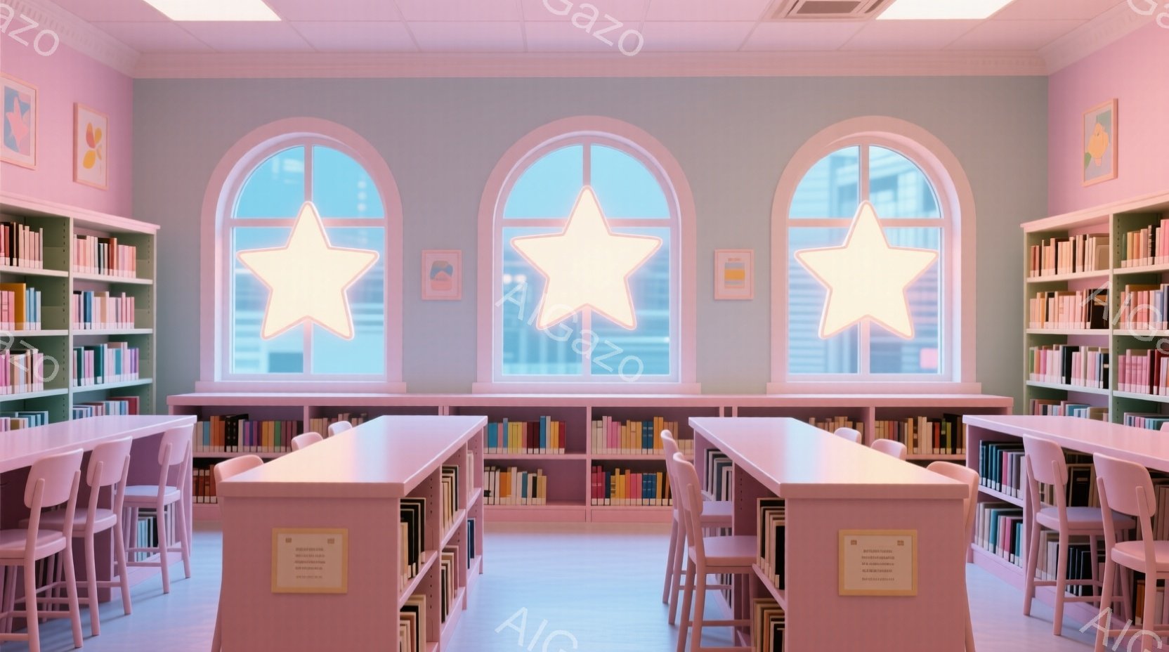 明るいピンク色の図書館の内部で、窓から差し込む光が心地よい空間を作り出している。窓は星の形をしており、たくさんの本棚が壁に並び、優しい雰囲気を作り出している。ピンク色の机と椅子が整然と並べられており、 - AI生成フリー素材