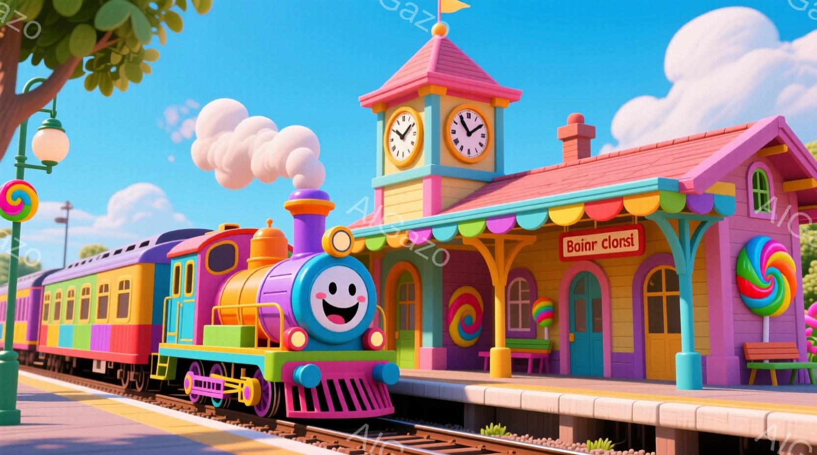 カラフルな列車が駅に停車しており、ピンク、緑、青、紫などの鮮やかな色が使われています。駅舎も同様にカラフルで、キャンディーのような装飾や時計が特徴的で、背景には青空と白い雲が広がっています。全体的に明 - AI生成フリー素材