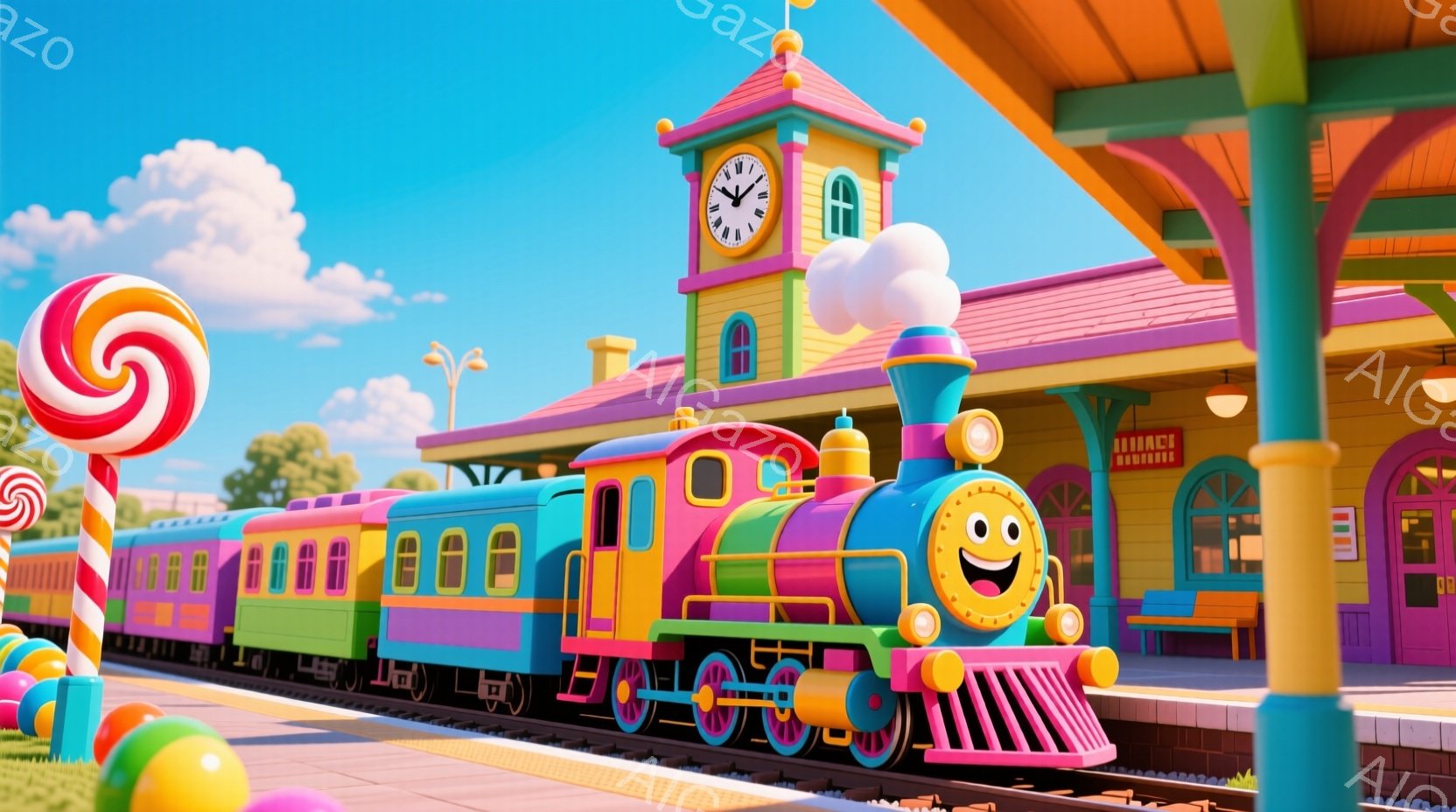カラフルな蒸気機関車が駅に停車しており、ピンク、青、緑、黄色など鮮やかな色で構成されています。駅舎は同様にカラフルで、時計台が特徴的です。背景には青い空と白い雲が広がり、全体的に明るく陽気な雰囲気で、まるで子供向けの絵本の世界のようです。