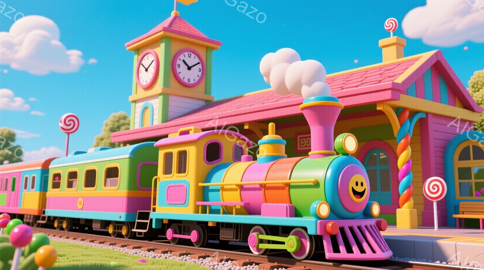 カラフルな蒸気機関車が線路を走っており、車両はピンク、黄、緑、紫と鮮やかな色で塗られています。背景には、キャンディーのような装飾が施された、おとぎ話のような駅舎と、青い空と緑の芝生が広がっています。全 - AI生成フリー素材