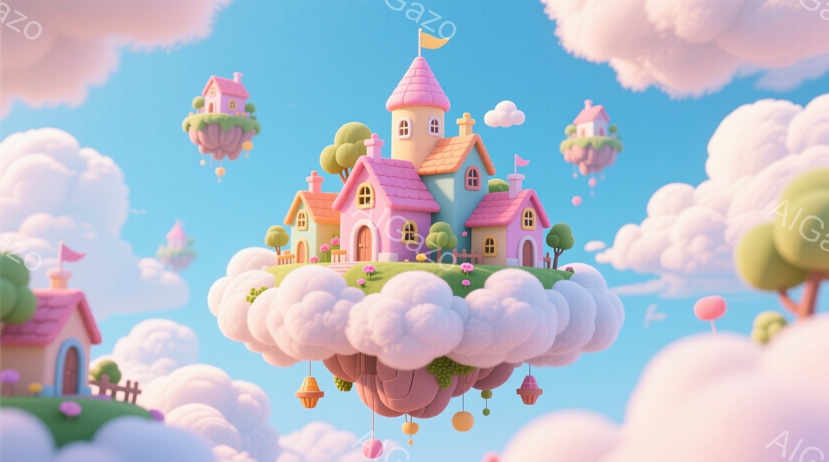 空に浮かぶ、パステルカラーの可愛らしい家々が印象的なイラストです。雲の上に建てられた家々は、ピンク、緑、オレンジ色で彩られ、まるで夢のような光景です。背景にはふわふわとした雲が広がり、明るく穏やかな雰 - AI生成フリー素材