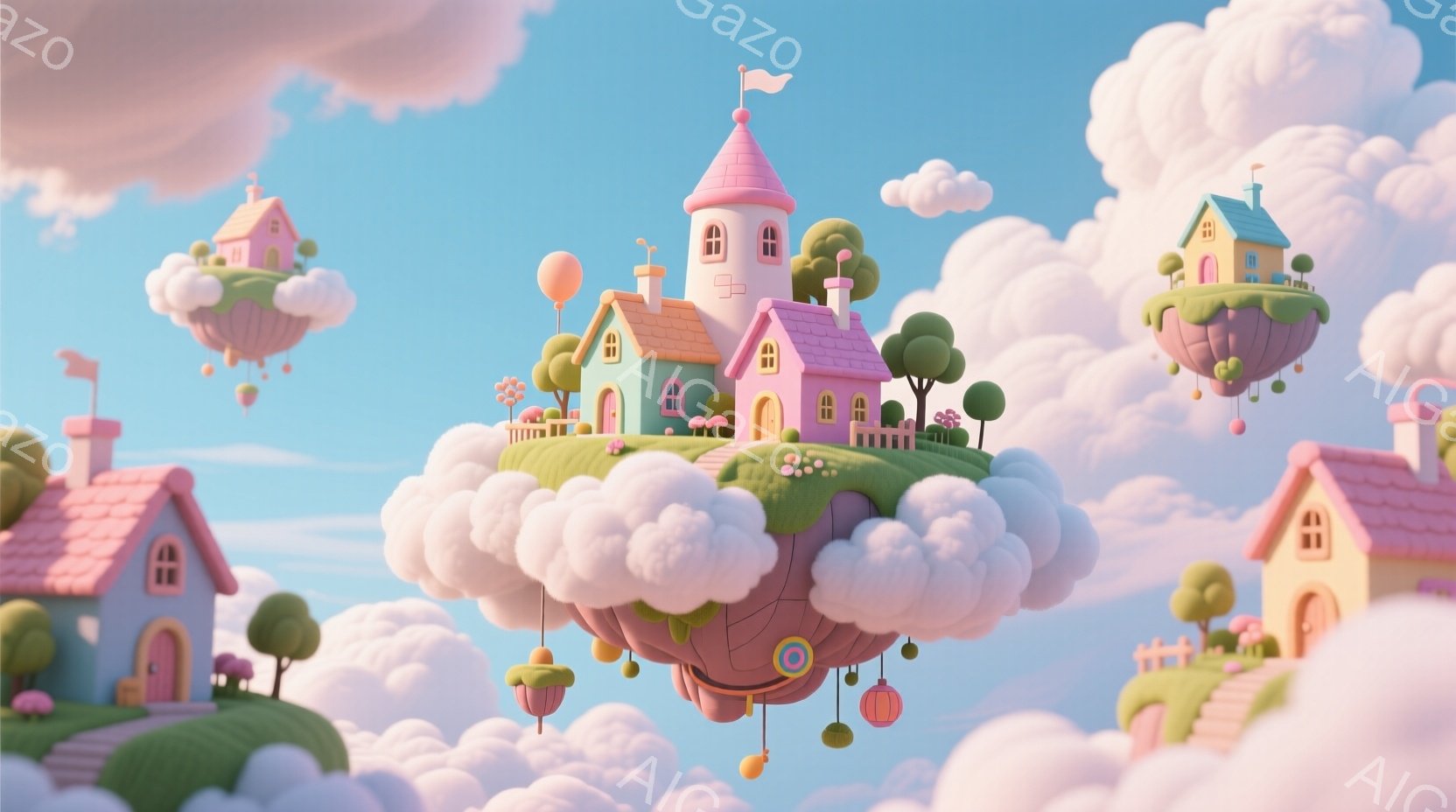 空に浮かぶ、パステルカラーの可愛らしい家々が印象的な風景です。各家は雲の上に建てられ、小さな庭園やカラフルな風船で飾られています。背景は柔らかいピンクと水色の雲で満たされ、暖かく夢のような雰囲気を醸し - AI生成フリー素材