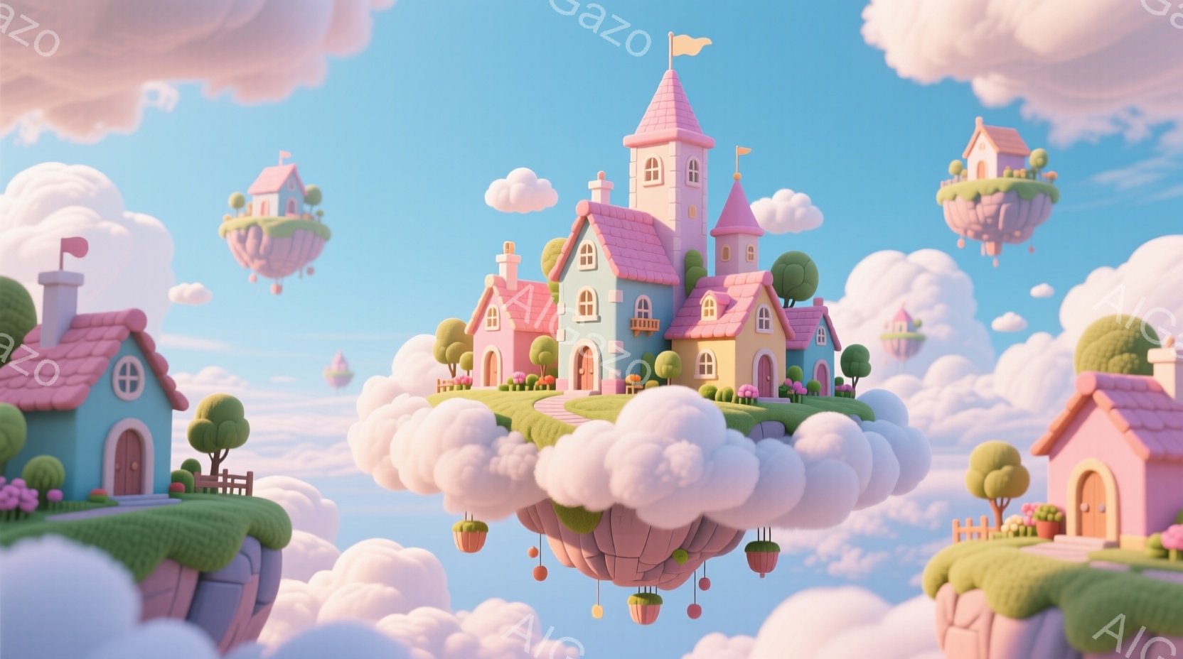 空に浮かぶ雲の上に、可愛らしいパステルカラーの家々が建ち並んでいます。各家は、小さな庭園と丸い屋根を持ち、まるで童話の世界のようです。背景は穏やかな水色の空とふわふわの雲で覆われ、全体的に夢のような、 - AI生成フリー素材