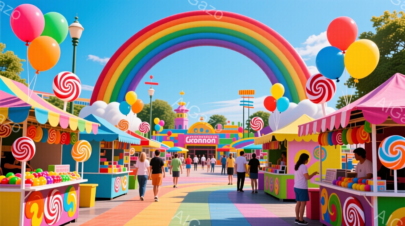 カラフルなキャンディが飾られた屋台が並ぶ遊園地の入り口です。人々はカジュアルな服装で、歩いたり立ち話したりしています。背景には、カラフルな建物と青空が広がり、明るく陽気な雰囲気が漂っています。 - AI生成フリー素材