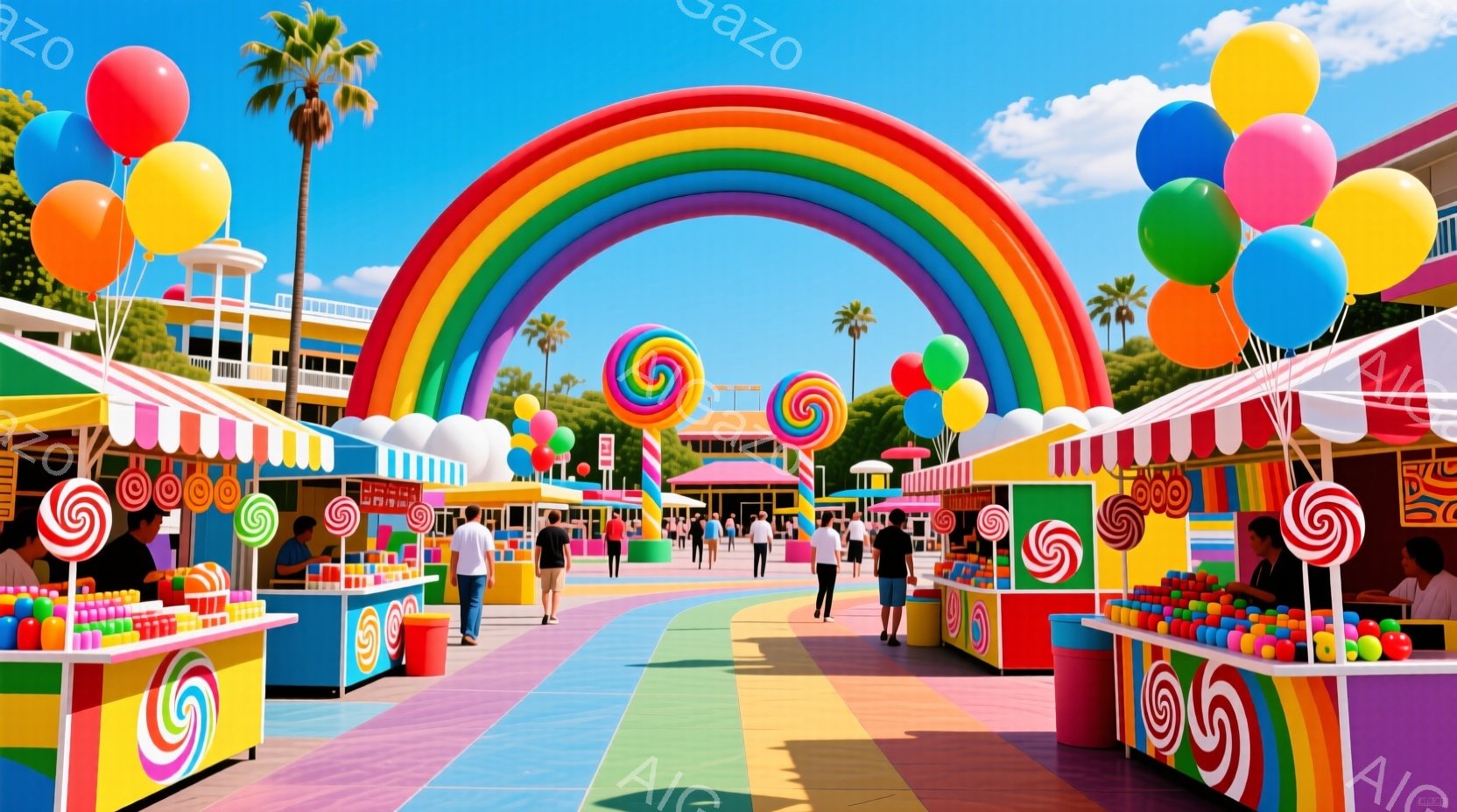 カラフルなキャンディがテーマの遊園地のような場所で、人々が歩き回っています。多くの人々はカジュアルな服装で、Tシャツやショートパンツを着ており、表情は様々ですが、楽しんでいる様子がうかがえます。背景にはパステルカラーの建物、ヤシの木、そして晴天の青空が広がり、全体的に明るく楽しい雰囲気が漂っています。