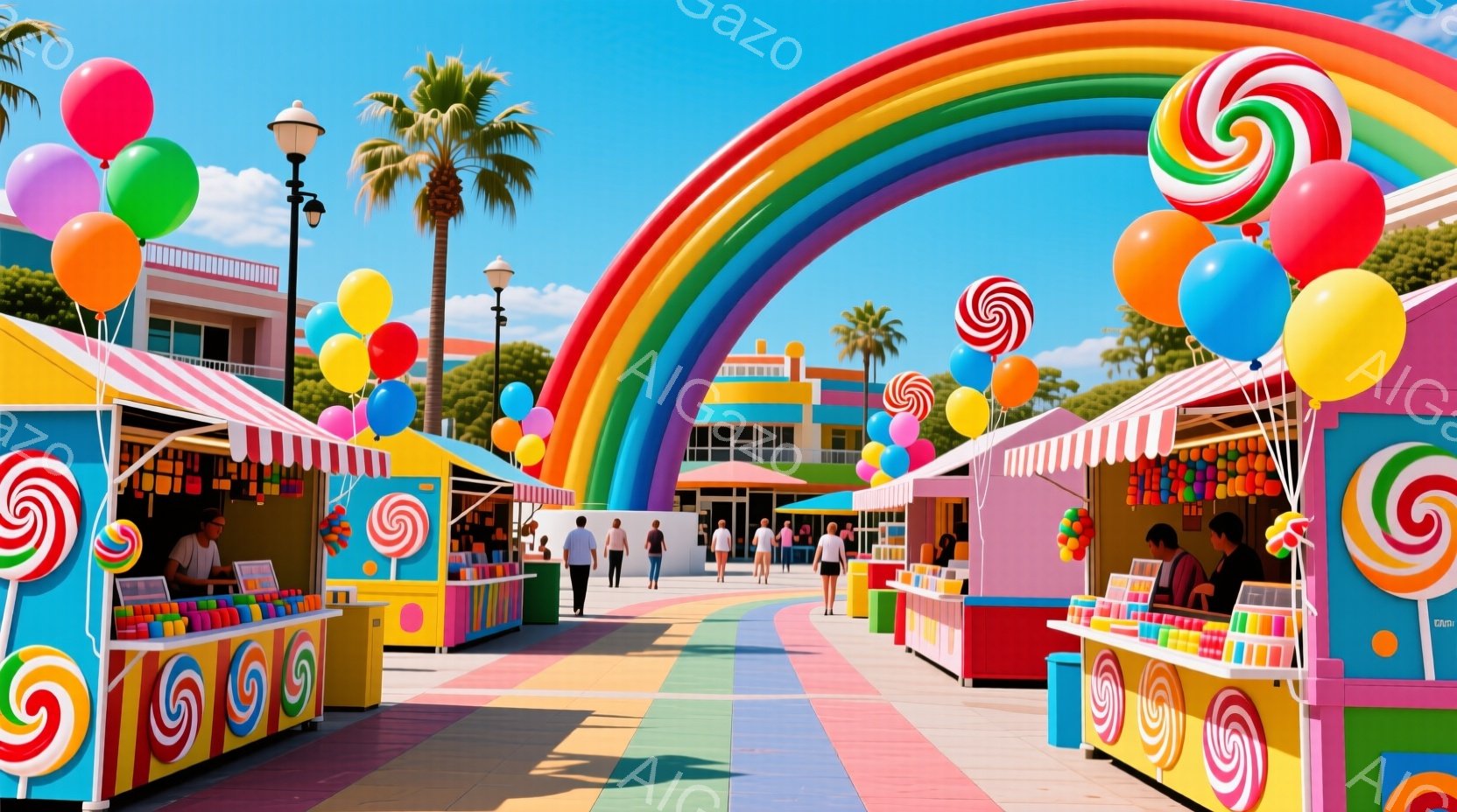 カラフルなキャンディーが並ぶ屋台が、レンガの道沿いに並んでいます。人々はカジュアルな服装で、買い物を楽しんだり、散歩したりしています。背景にはパステルカラーの建物とヤシの木が見え、晴れた空と鮮やかな虹が、お祭りのような楽しい雰囲気を演出しています。