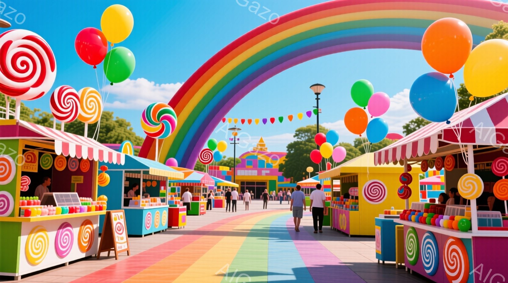 カラフルなキャンディがテーマの遊園地またはお祭り会場の様子が描かれています。多くの人々が歩き回っており、背景には明るい色の建物と自然が見えます。空は晴れており、全体的に明るく楽しい雰囲気が漂っています - AI生成フリー素材