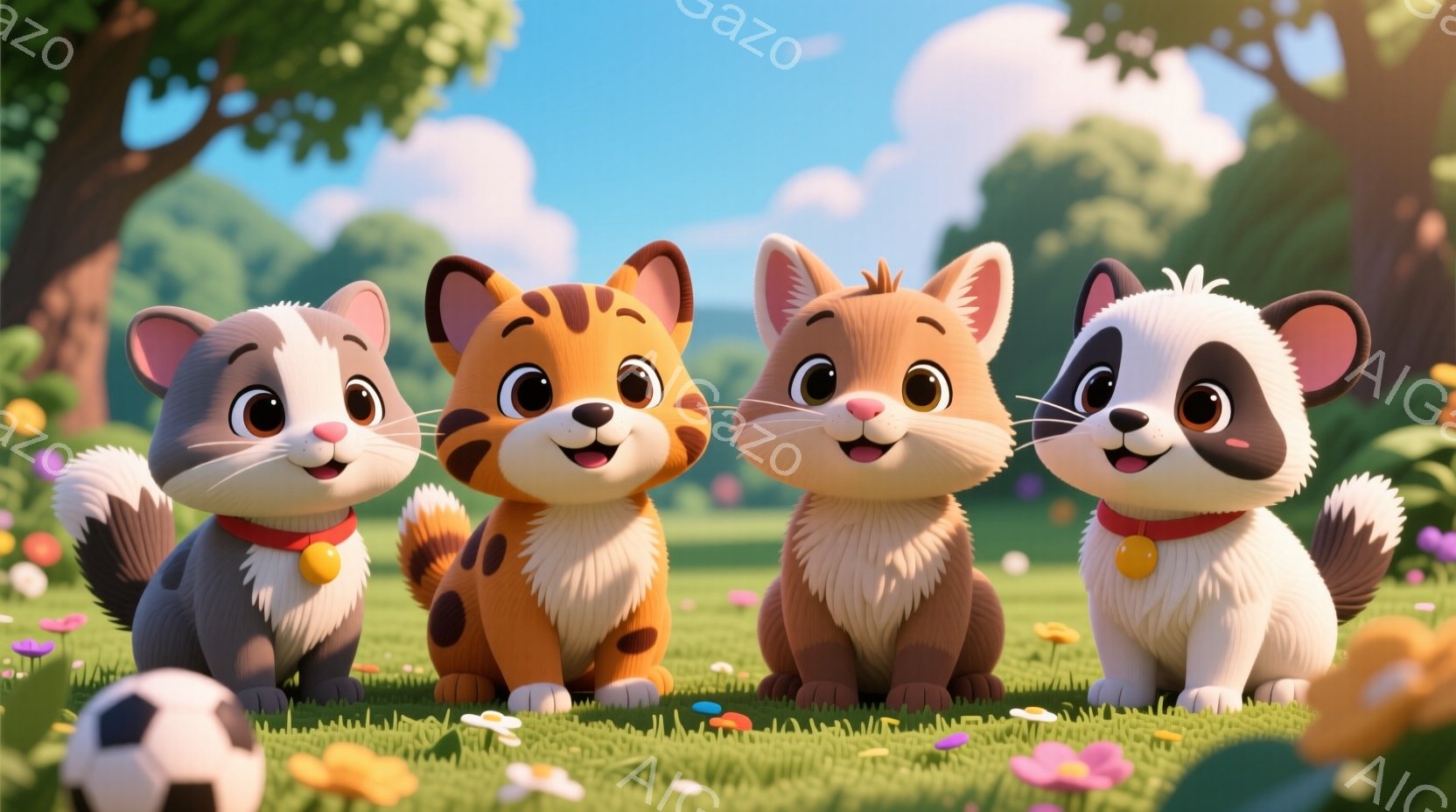 緑の芝生の上に並んだ4匹のかわいい子猫がいます。それぞれ異なる毛色を持ち、赤い首輪と金色のタグをつけています。背景には花が咲き乱れ、遠くには木々が見え、晴れた空の下、穏やかで楽しい雰囲気が漂っています - AI生成フリー素材