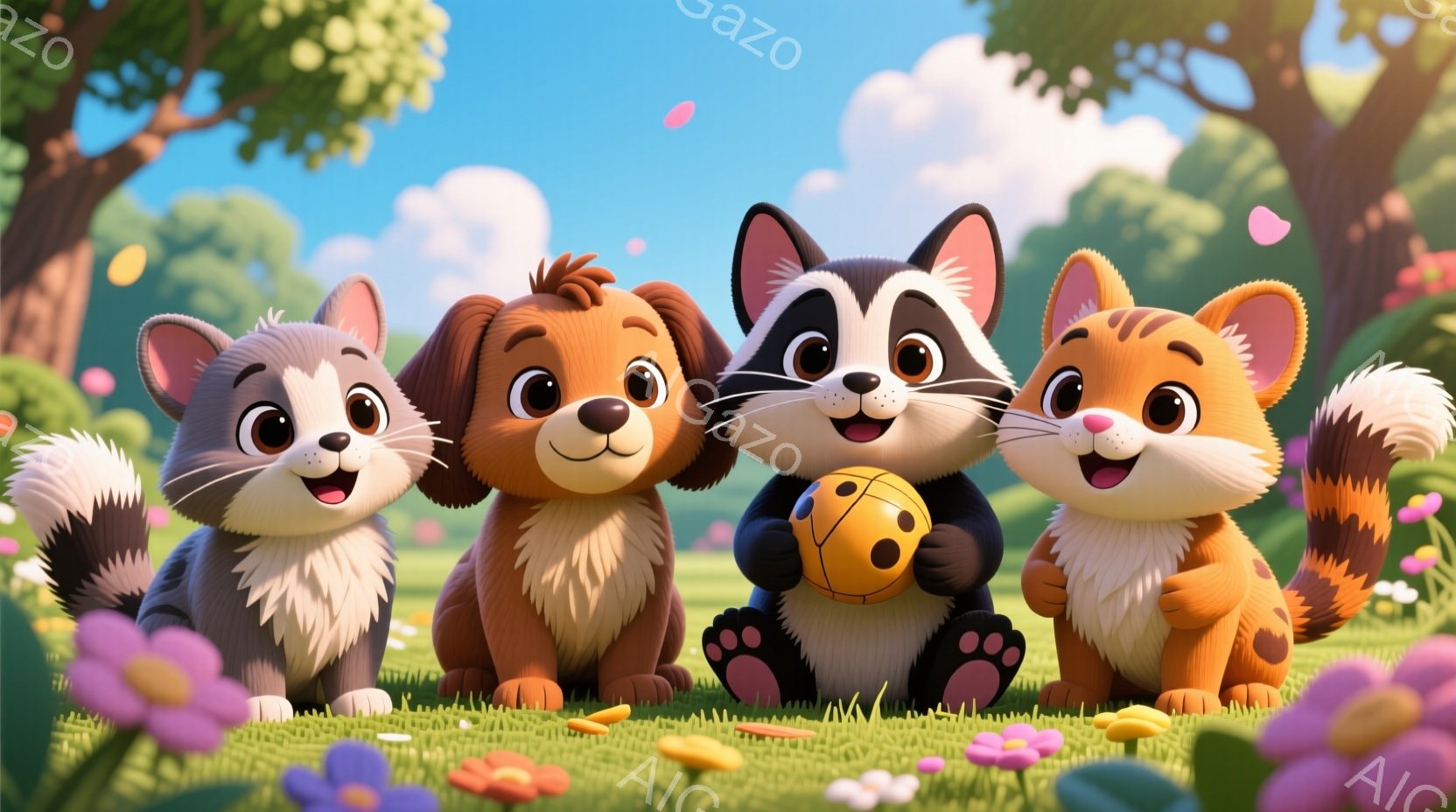 明るい緑の草原に、子猫、子犬、アライグマ、そしてもう一匹の子猫が並んで座っています。それぞれの動物は、楽しそうな表情で、可愛らしい姿を見せており、アライグマはボールを抱えています。背景には木々や花が咲 - AI生成フリー素材