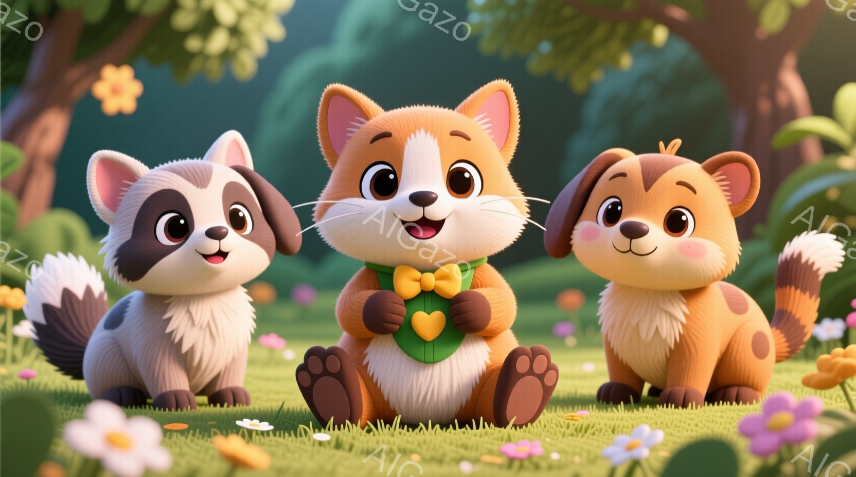 明るい緑の草原に、三匹のかわいい動物たちが座っています。中央のオレンジ色の猫は蝶ネクタイとベストを着ていて、両脇の茶色と白の犬たちはそれぞれ笑顔でこちらを見ています。背景には花々が咲き乱れ、木々が生い - AI生成フリー素材