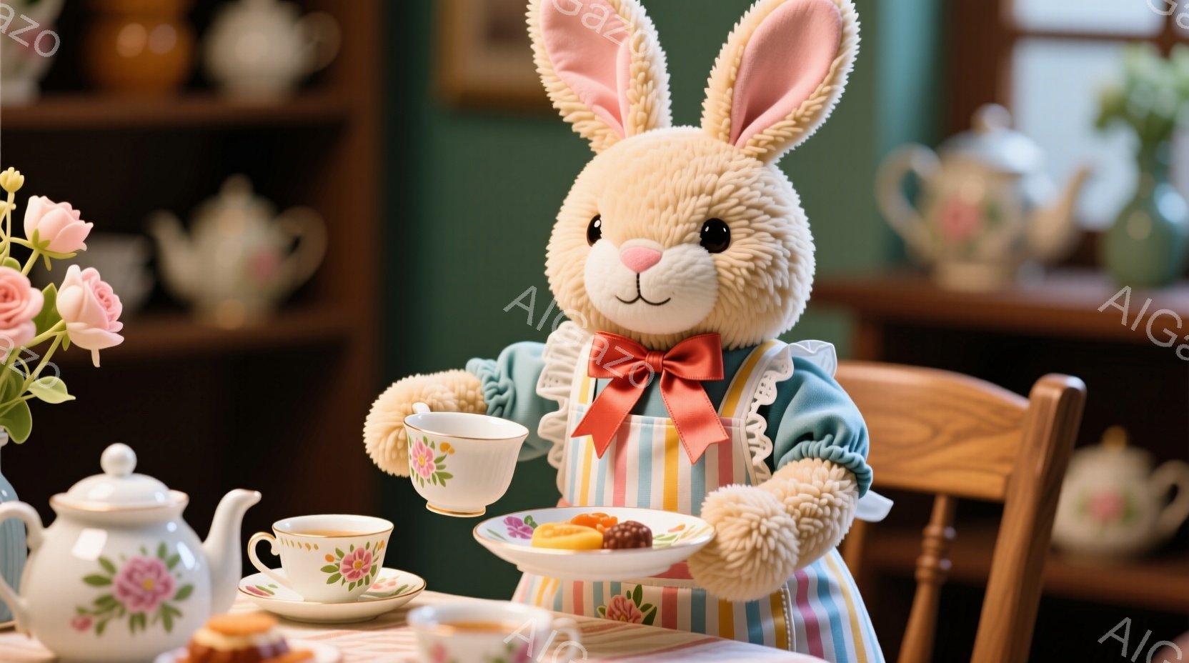 ふわふわのクリーム色のウサギのぬいぐるみが、エメラルドグリーンの背景の部屋でティータイムを楽しんでいます。水色のフリル付きのシャツに、ストライプのオーバーオール、赤いリボンをつけています。ティーカップと焼き菓子のお皿を上品に持ち、穏やかで幸せそうな表情で、温かく居心地の良い雰囲気を醸し出しています。