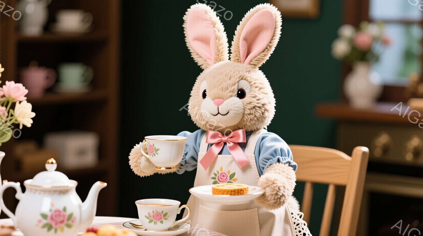 ふわふわのベージュ色のウサギのぬいぐるみは、青いセーターと白いエプロンを着て、ティーカップを優雅に持っています。テーブルの上にはティーポットと小さなケーキが置かれており、ウサギはまるで優雅なティータイ - AI生成フリー素材