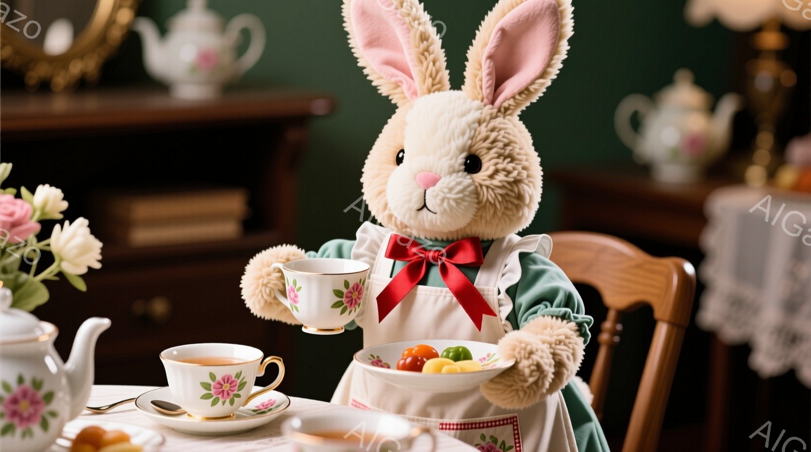 ぬいぐるみのような茶色のウサギが、緑色のエプロンと白いブラウス姿で、優雅にティータイムを楽しんでいます。右前足にはお菓子を盛った皿が置かれ、左前足でティーカップを持ち、微笑んでいるように見えます。背景 - AI生成フリー素材