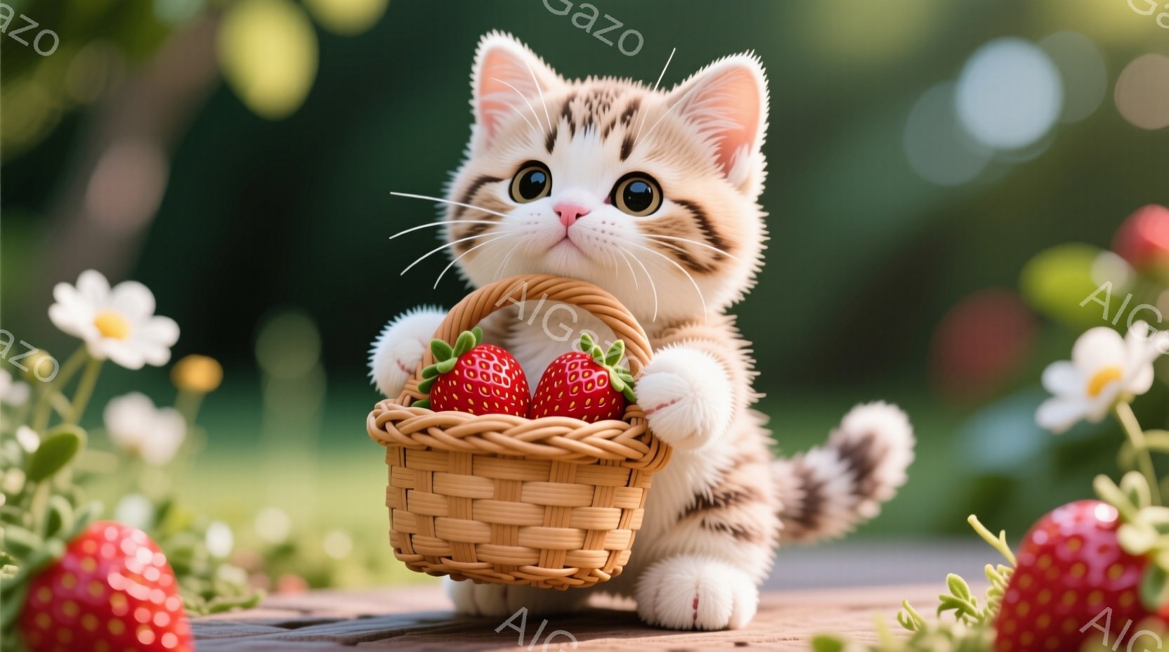 茶色と白の縞模様の小さな子猫が、新鮮なイチゴが入った編みバスケットを抱えています。子猫は正面を見つめ、大きく丸い目と可愛らしい表情をしています。背景には緑豊かな植物と白いデイジーが咲き乱れ、暖かく、の - AI生成フリー素材