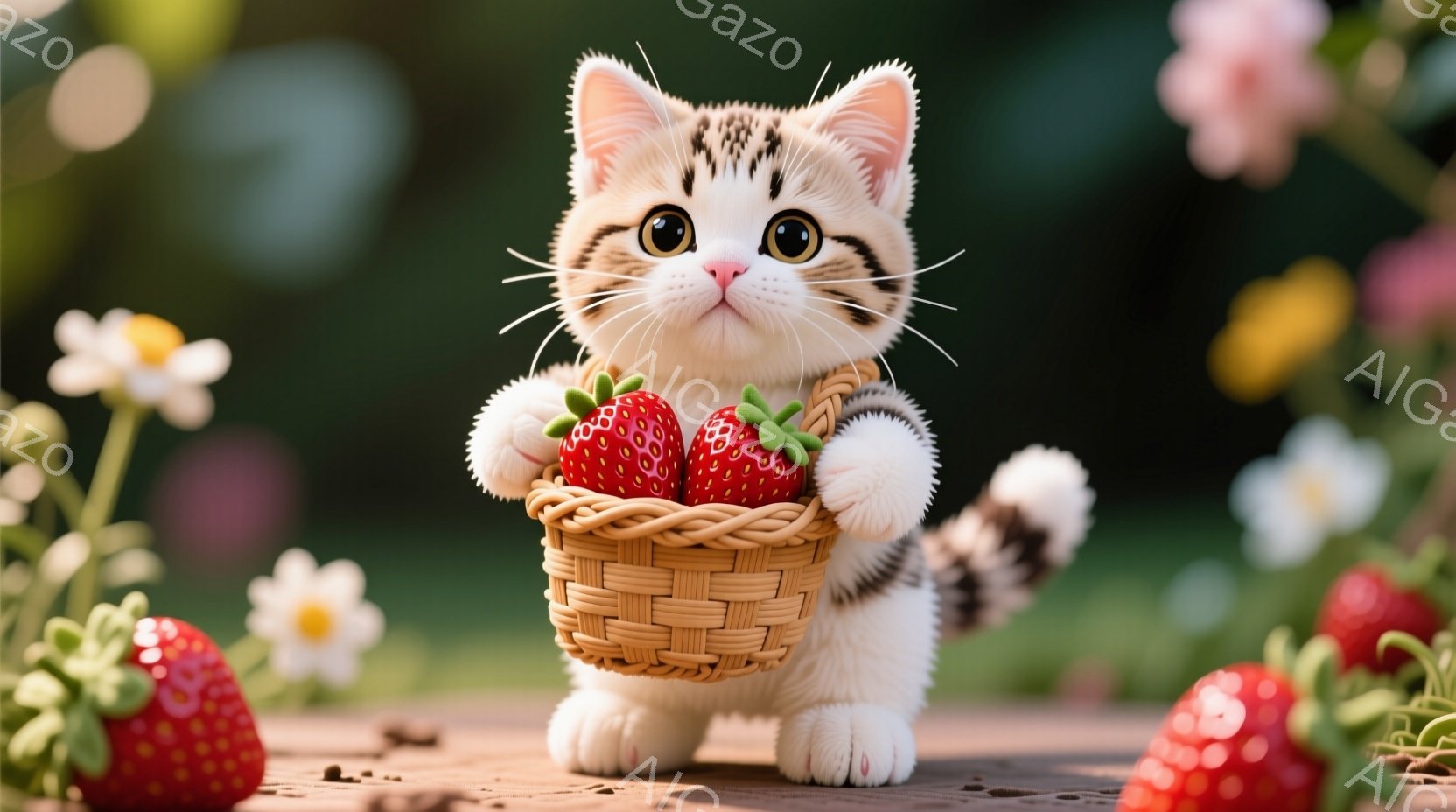 白と茶色の縞模様の小さな子猫が、新鮮なイチゴがたくさん入ったバスケットを両手で抱えています。子猫は大きな瞳でカメラを見つめ、可愛らしい表情をしています。背景には緑豊かな草地と白い花が咲き乱れ、暖かく幸 - AI生成フリー素材