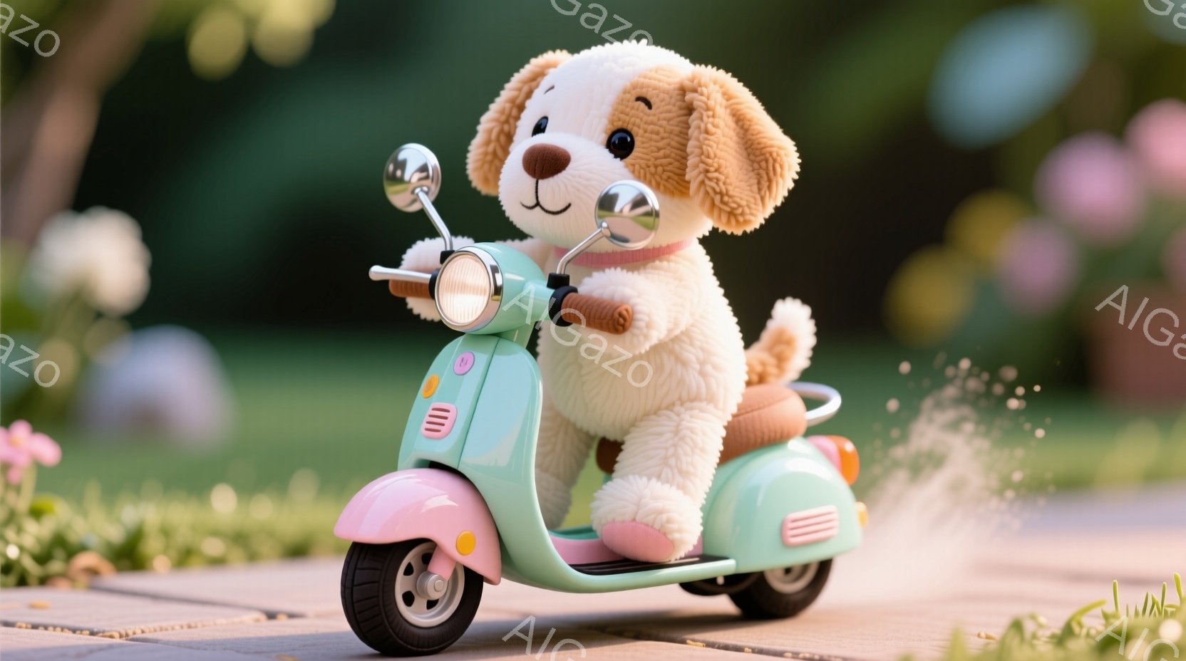 ふわふわの茶色い子犬が、パステルグリーンのレトロなスクーターに乗って疾走している様子が描かれている。子犬はピンク色の小さなブーツを履き、首輪をつけており、嬉しそうな表情でハンドルを握っている。背景には緑の草地とぼやけた花が広がり、埃が舞い上がっていることから、スピード感と楽しげな雰囲気が伝わってくる。