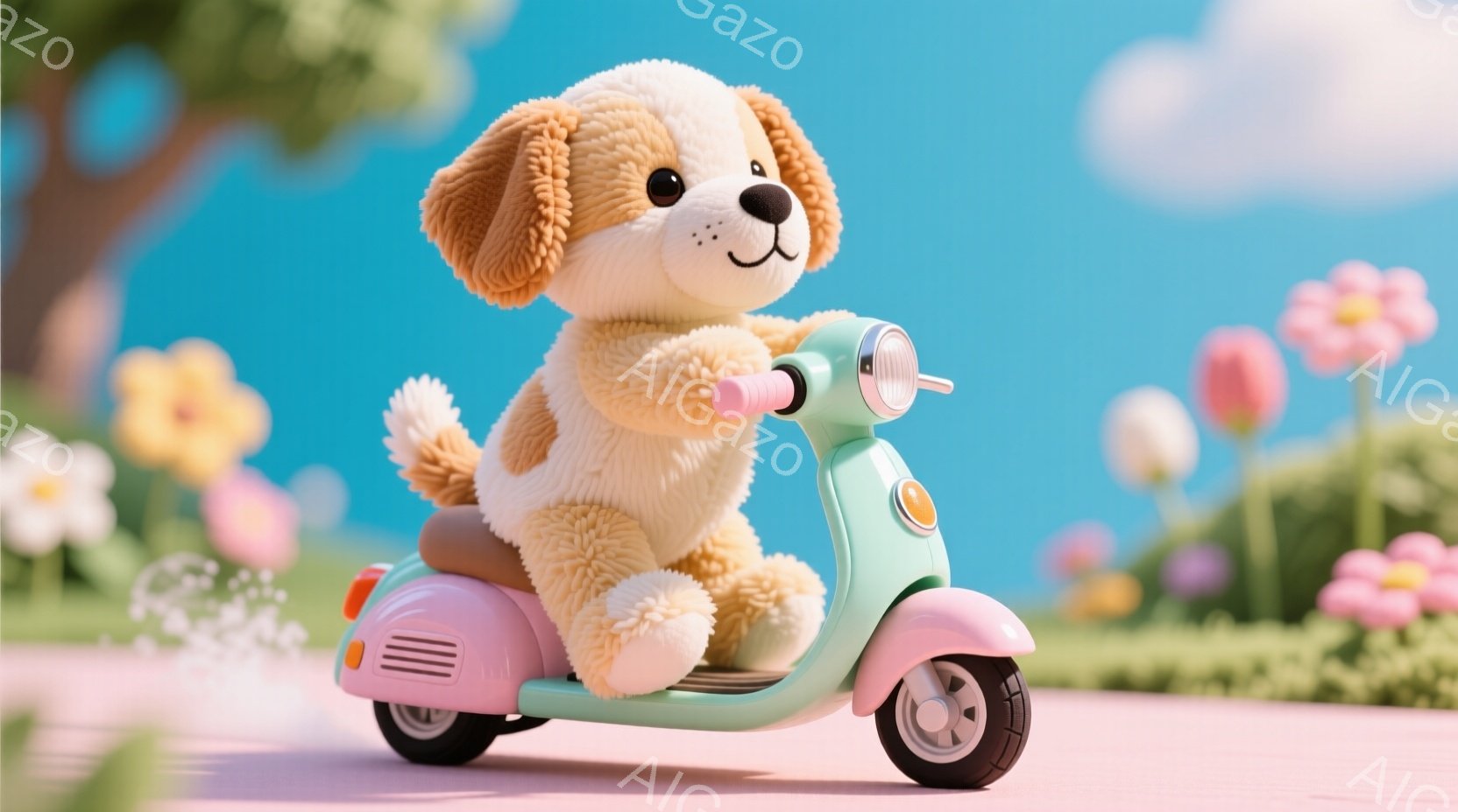 ふわふわの茶色い犬のぬいぐるみが、水色のクラシックなスクーターに乗っています。犬は微笑んでおり、楽しそうな表情をしています。背景にはピンク色の道、色とりどりの花、そして青空と白い雲が広がっており、暖か - AI生成フリー素材