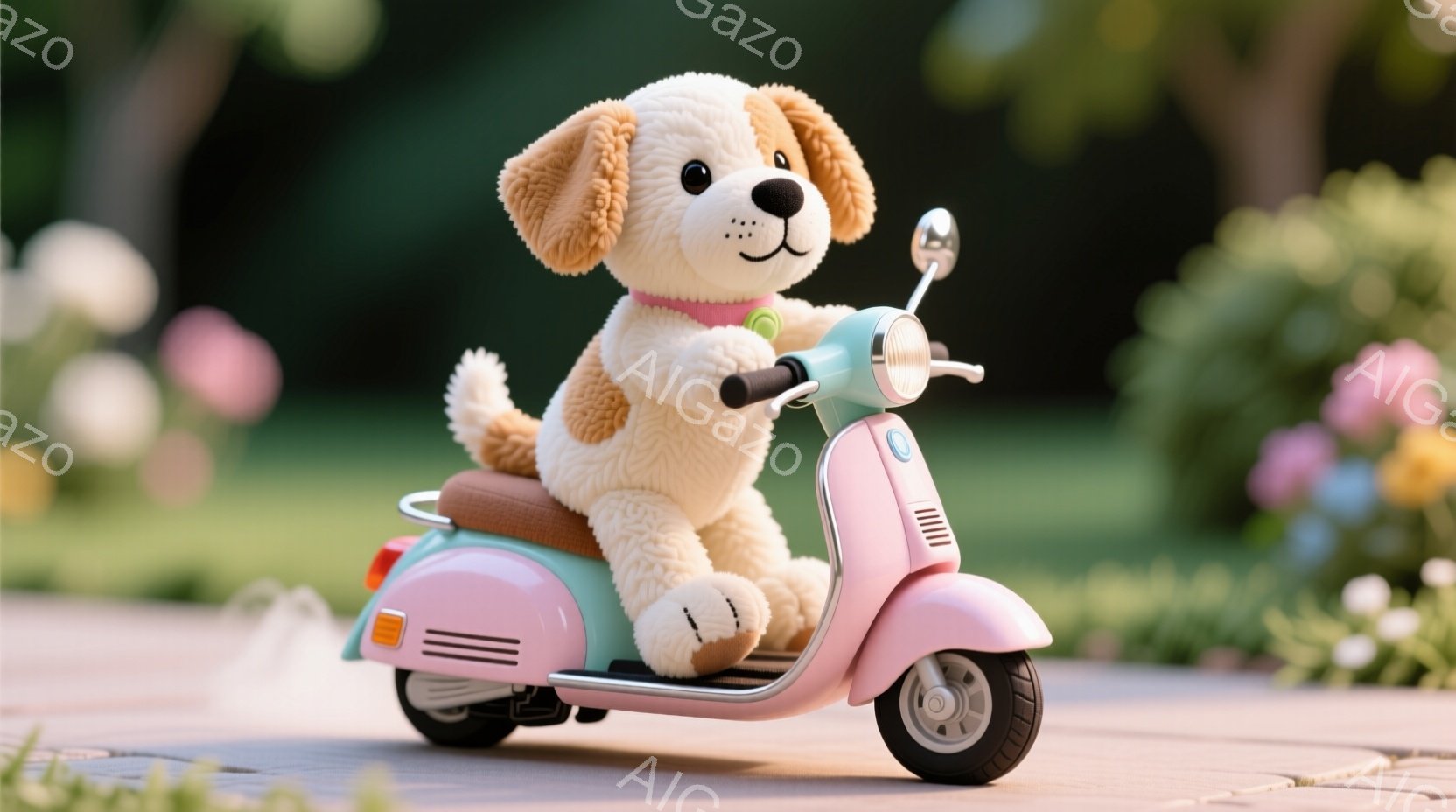 ふわふわの茶色い子犬が、ピンク色のレトロなスクーターに乗っています。子犬はピンク色の首輪をつけており、嬉しそうな表情で前方を向いています。背景には花が咲き乱れ、穏やかで温かい雰囲気の屋外のシーンが広がっています。