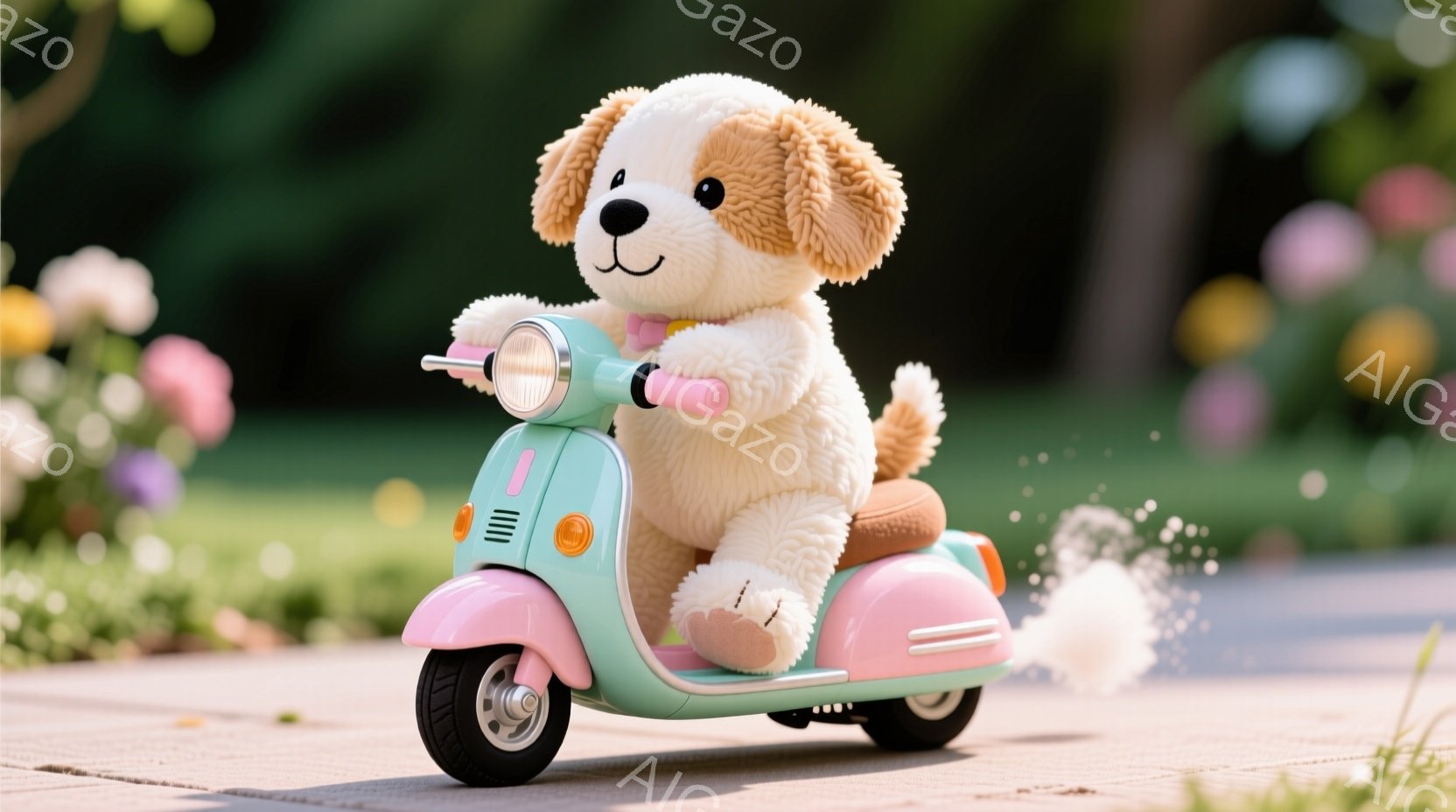ふわふわのクリーム色の犬のぬいぐるみは、ピンクと水色のレトロなスクーターに乗って、アスファルトの道を進んでいます。ぬいぐるみは赤いリボンをつけており、楽しそうな表情で運転しています。背景には緑豊かな植物とぼやけた花があり、明るく暖かい春の日の雰囲気が漂っています。
