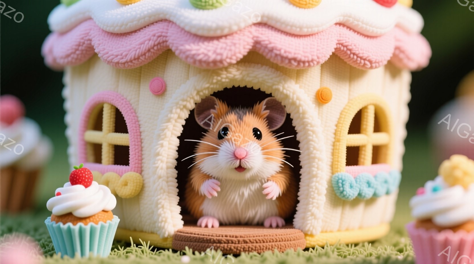 小さなハムスターが、お菓子のような可愛らしい家の入り口から顔を覗かせています。家はクリーム色を基調とし、ピンクのフリルとカラフルなキャンディで飾られており、まるで夢のような世界です。緑の芝生の上には、 - AI生成フリー素材