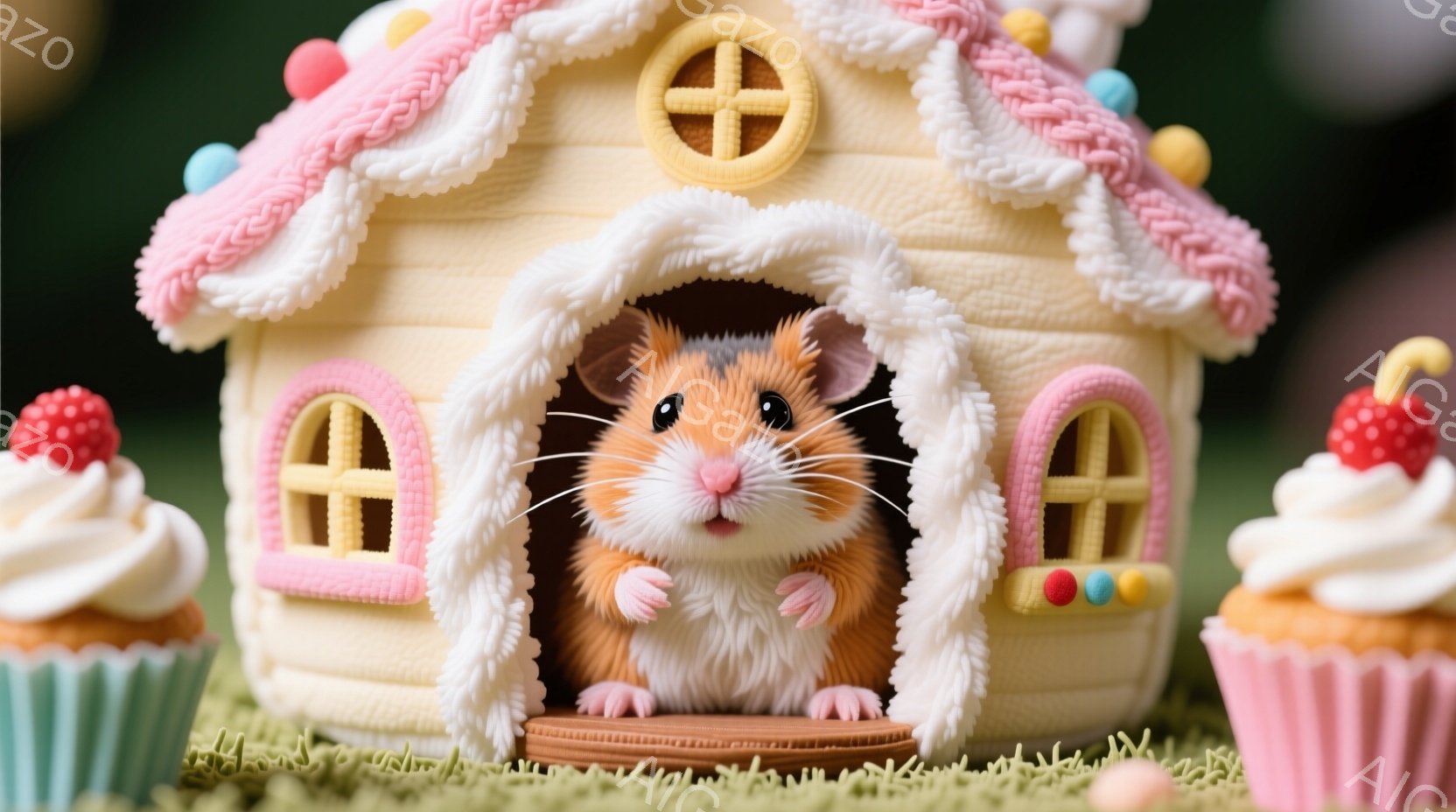 小さなハムスターが、おとぎ話に出てくるような可愛らしい家の入り口に座っています。家の周りには、クリームとイチゴが飾られたカップケーキが置かれ、緑の芝生の上にはカラフルなパステルカラーの卵が散らばってい - AI生成フリー素材