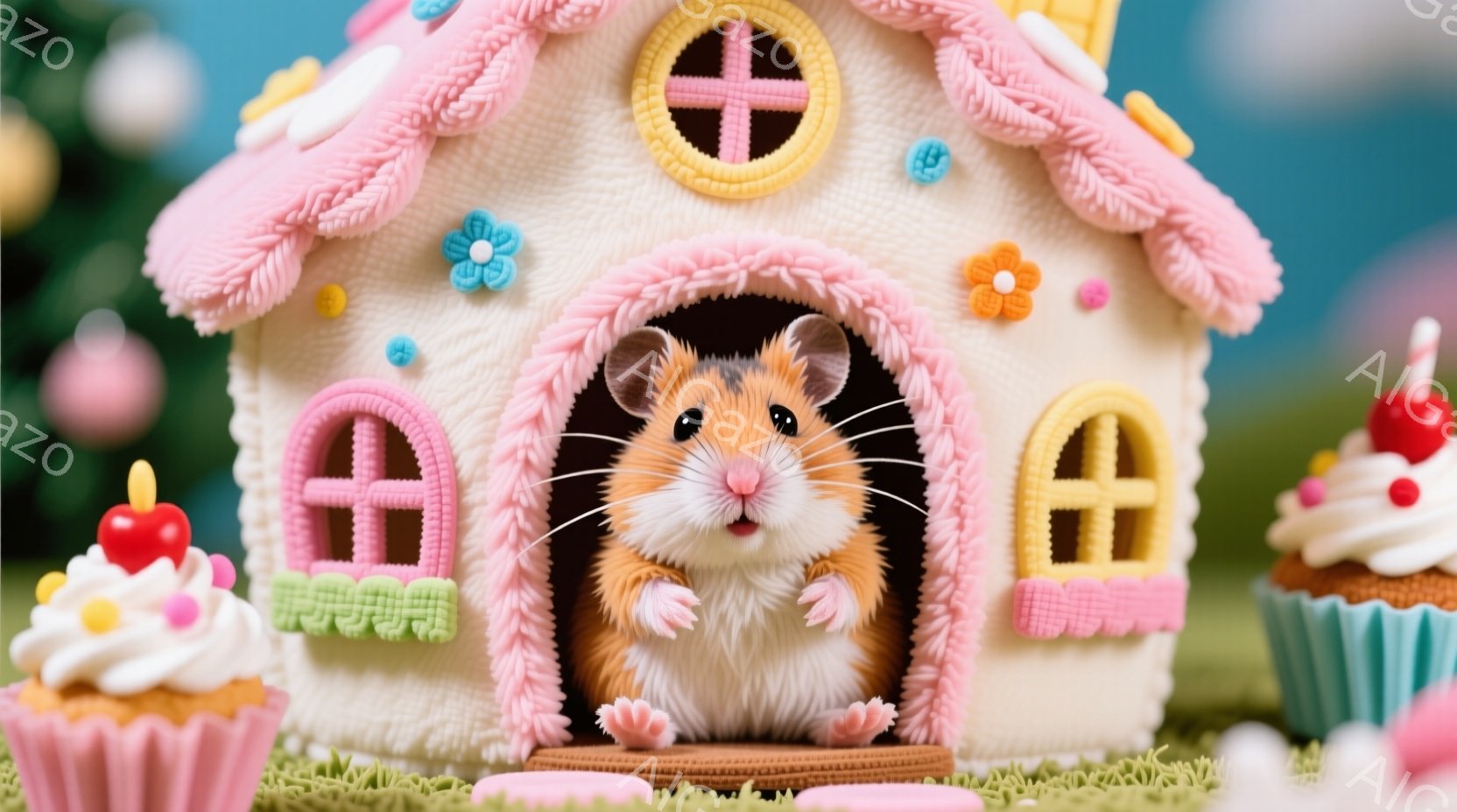 小さなハムスターが、まるで家のように見える白いクリーム色の建物の入り口から顔を出しています。建物にはピンクの縁取りがあり、可愛らしい窓や花が飾られています。周りにはカラフルなクリームが乗ったカップケーキが置かれ、緑色の芝生が広がっており、夢のような甘い雰囲気を醸し出しています。