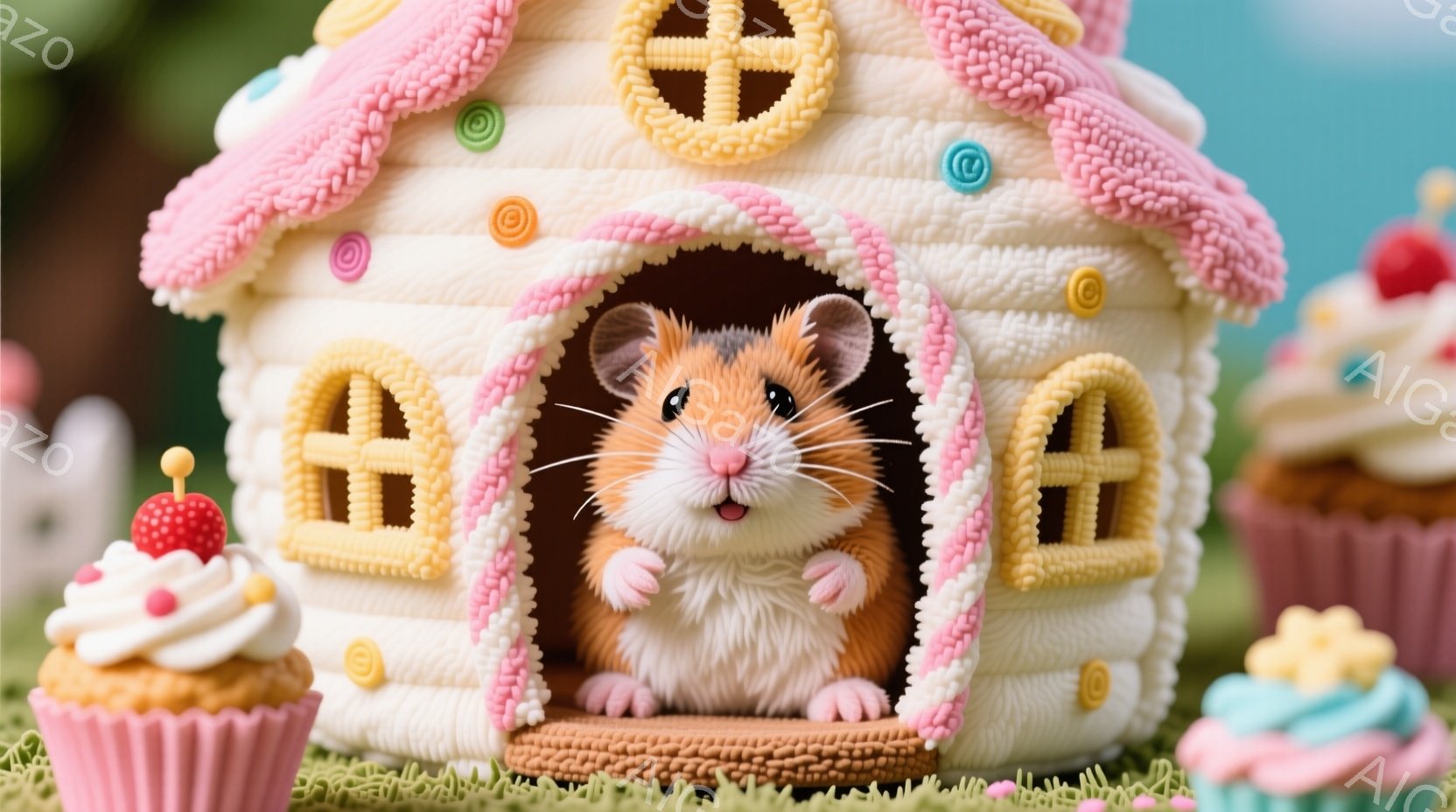 小さなハムスターが、クリームのような装飾が施された可愛らしい家にちょこんと座っています。家の周りには、カラフルなクリームとベリーがトッピングされたカップケーキがいくつか置かれており、緑の芝生の上に並んでいます。全体的に、夢のような甘くて優しい雰囲気の、とても愛らしい写真です。