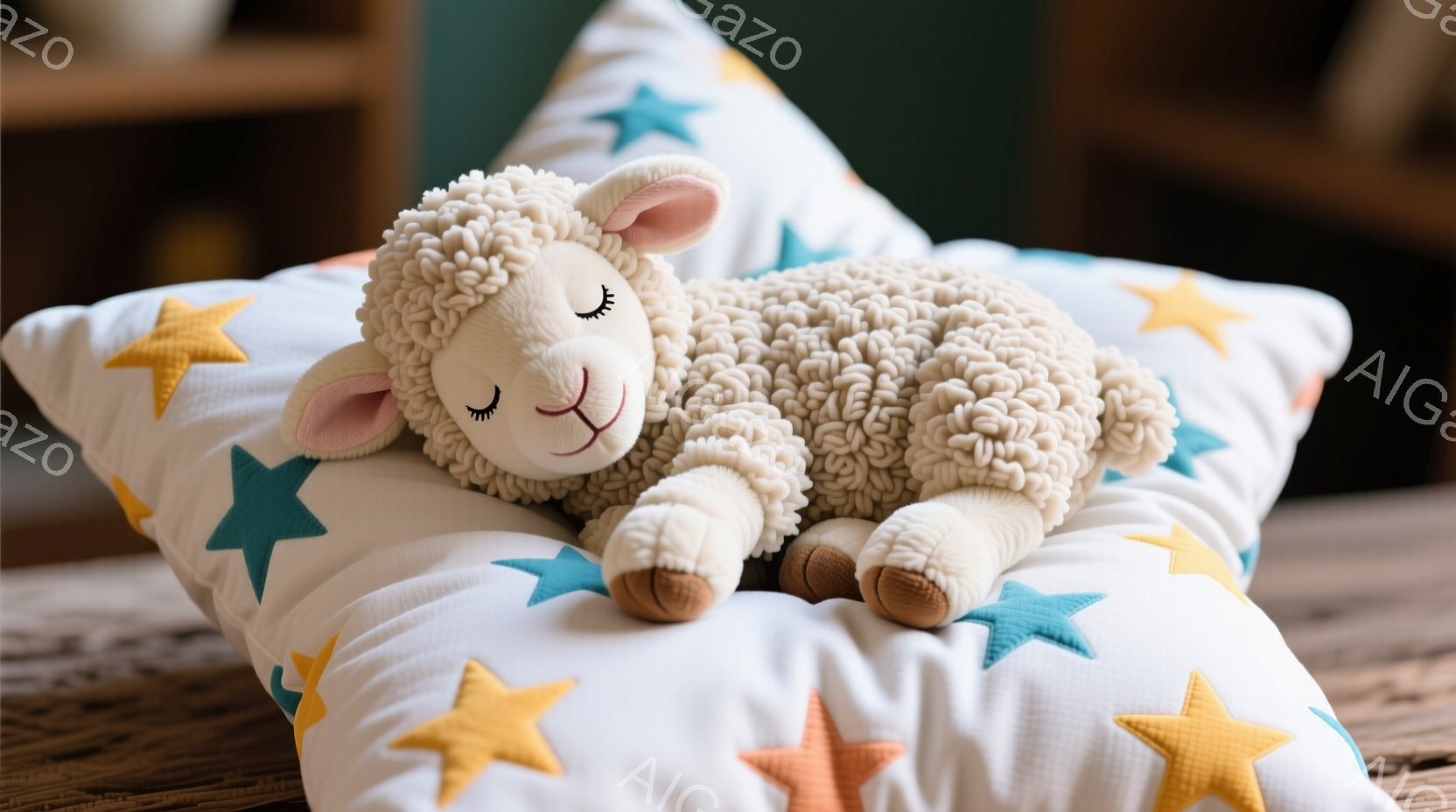白いふわふわの羊のぬいぐるみは、星柄のクッションの上に横たわって眠っています。羊は目を閉じており、穏やかで平和な表情をしています。背景はぼやけていますが、木の家具の一部が見え、全体的に温かく優しい雰囲 - AI生成フリー素材
