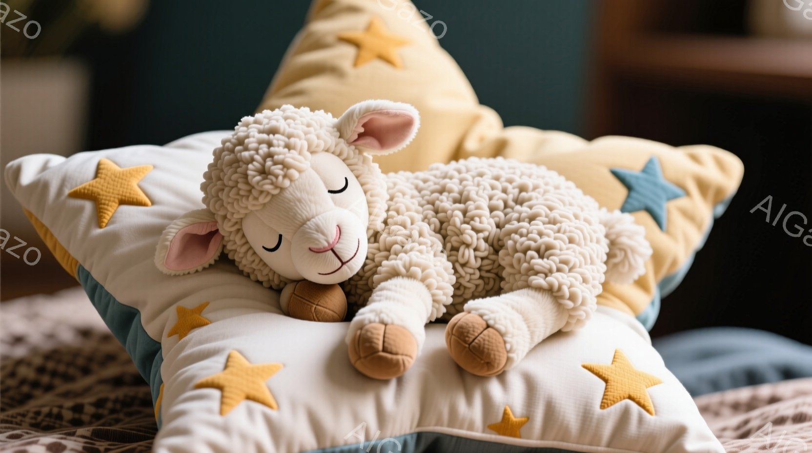 ふわふわの白い羊のぬいぐるみがお昼寝をしている様子が写っています。背景には、星型のモチーフが施されたクッションと、薄いピンク色のベッドカバーが見え、穏やかで安らぎのある雰囲気を醸し出しています。羊は目 - AI生成フリー素材
