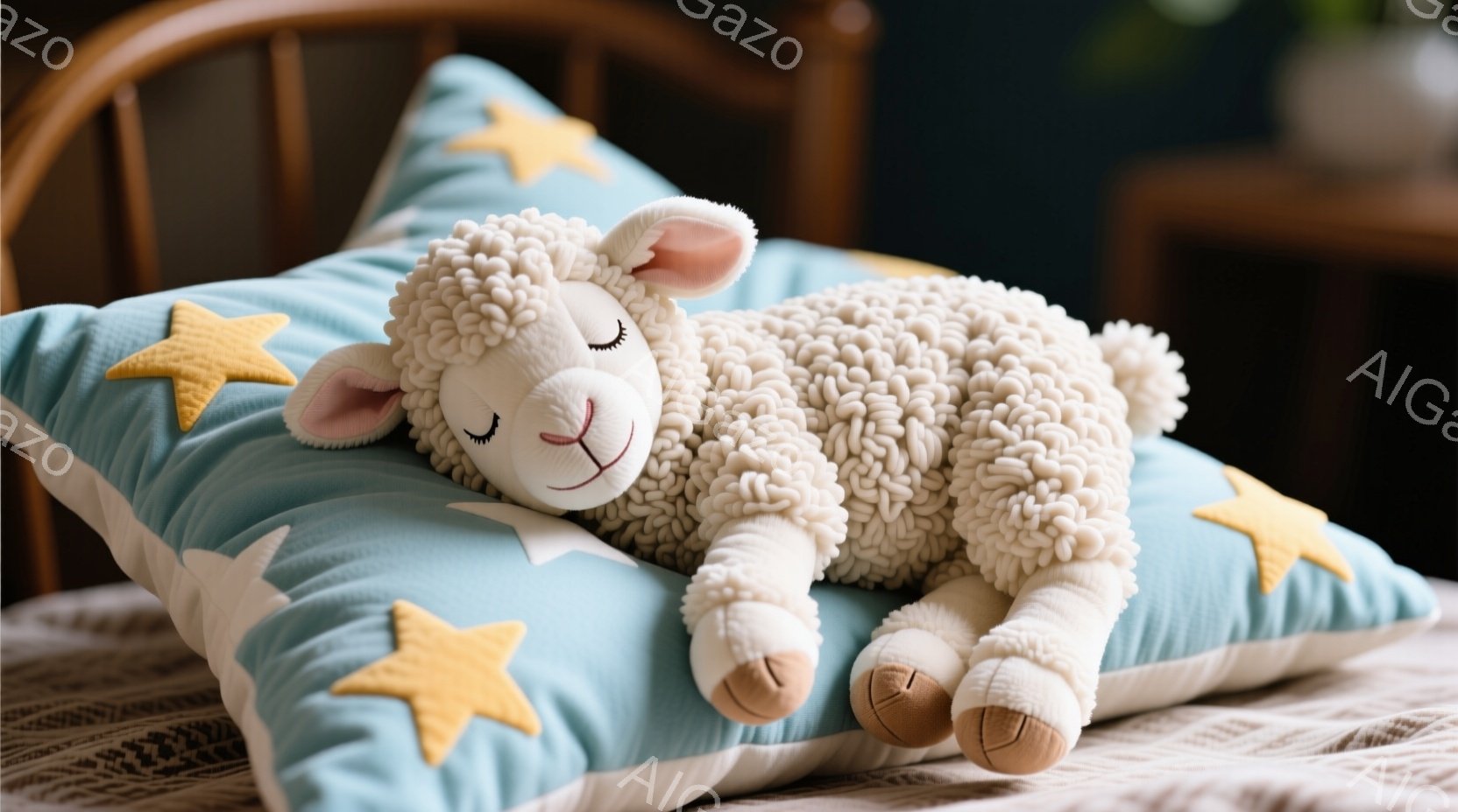 柔らかい羊のぬいぐるみが、星柄の明るい水色のクッションの上で横たわっています。目は閉じており、リラックスした表情で、小さな足は可愛らしく組んでいます。背景には木製の椅子と、ぼやけた緑の植物が見え、穏や - AI生成フリー素材