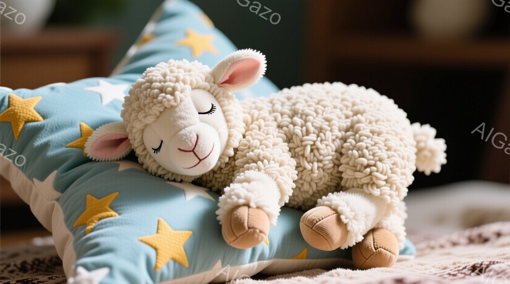 ふわふわの白い羊のぬいぐるみは、星が散りばめられた水色のクッションの上に横たわっています。目は閉じており、リラックスした表情をしており、小さな茶色の足がクッションからはみ出しています。背景はぼやけていますが、柔らかいテクスチャの布地と、優しい雰囲気を感じさせます。