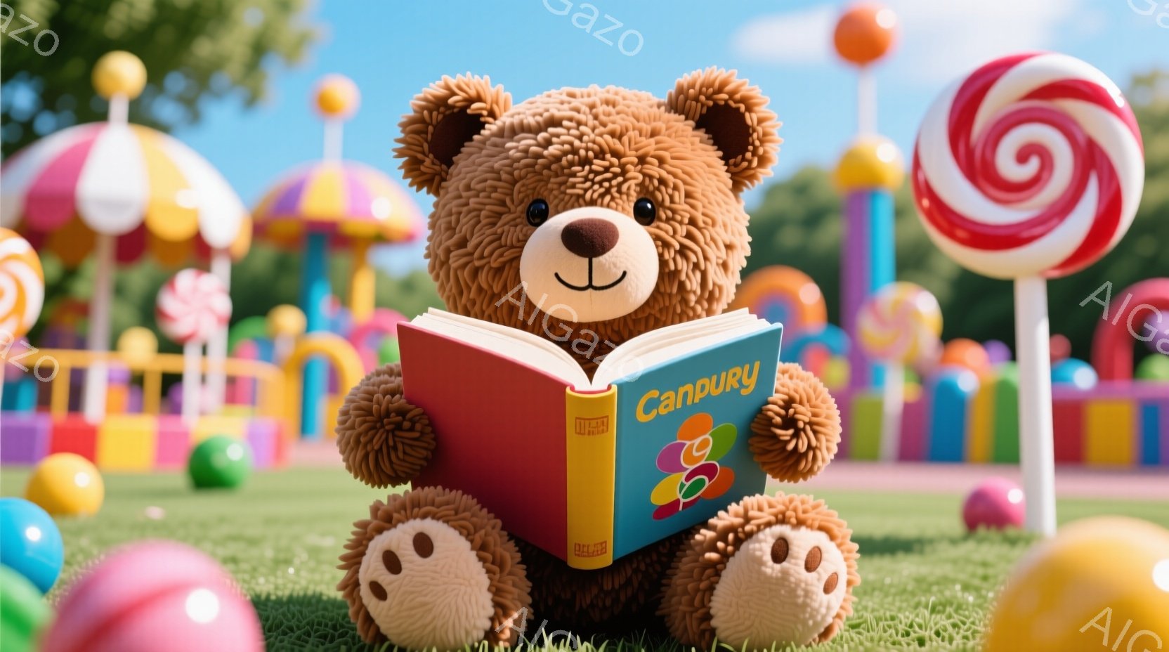 ぬいぐるみのかわいいクマが、緑の芝生の上で本を読んでいます。背景にはカラフルなキャンディのような形をしたオブジェクトや、パステルカラーの遊園地のような建物が並び、明るく楽しい雰囲気です。クマは穏やかな - AI生成フリー素材