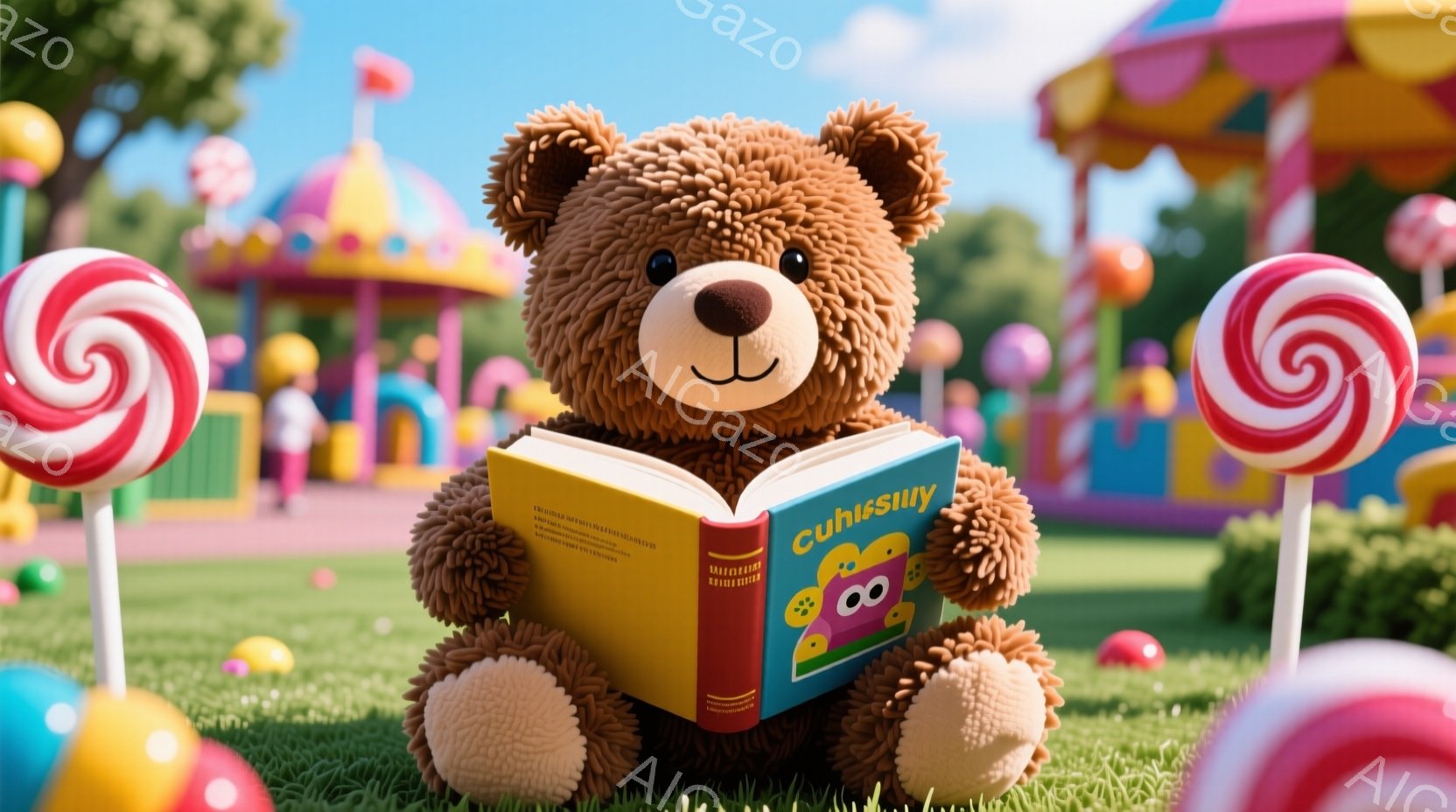 ふわふわの茶色のテディベアが、鮮やかな緑の芝生の上で本を読んでいます。背景には、カラフルなキャンディー、卵のような形をしたオブジェクト、そして遊園地の乗り物のようなものがぼんやりと見え、楽しげな雰囲気 - AI生成フリー素材