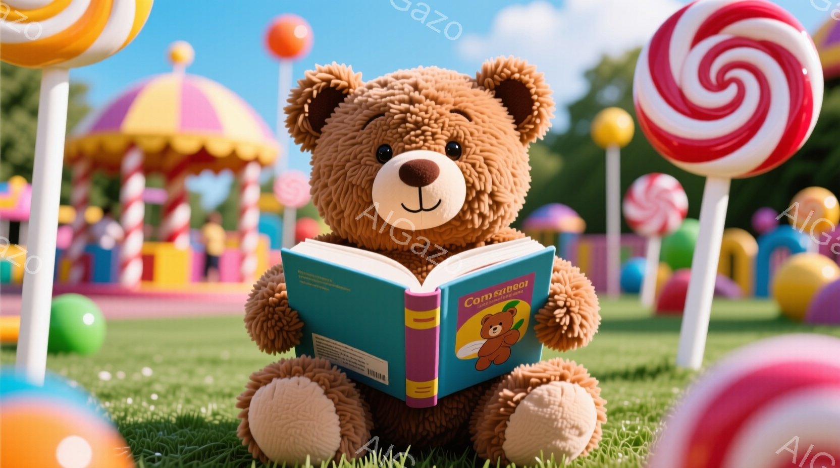 緑の芝生の上で、茶色のテディベアが本を読んでいます。背景にはカラフルなキャンディやカラフルなストライプのテントが並び、まるで遊園地のような楽しい雰囲気です。ベアは穏やかな表情で、読書に集中している様子 - AI生成フリー素材