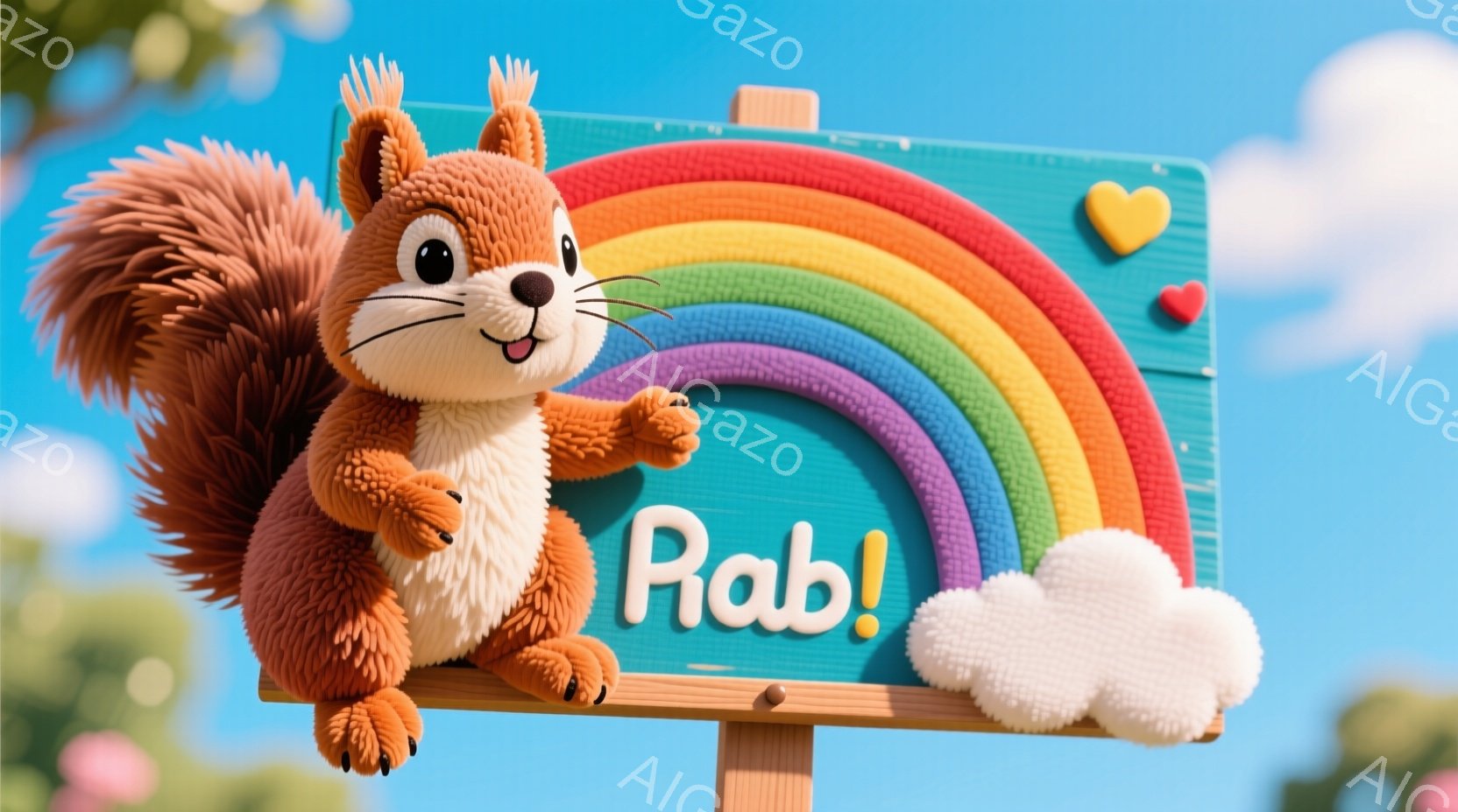 オレンジ色のリスが虹の絵が描かれた看板にしがみついています。リスは大きな目と笑顔で、可愛らしい表情をしています。背景は青空で、緑の葉っぱと白い雲が見え、全体的に明るく楽しい雰囲気です。 - AI生成フリー素材