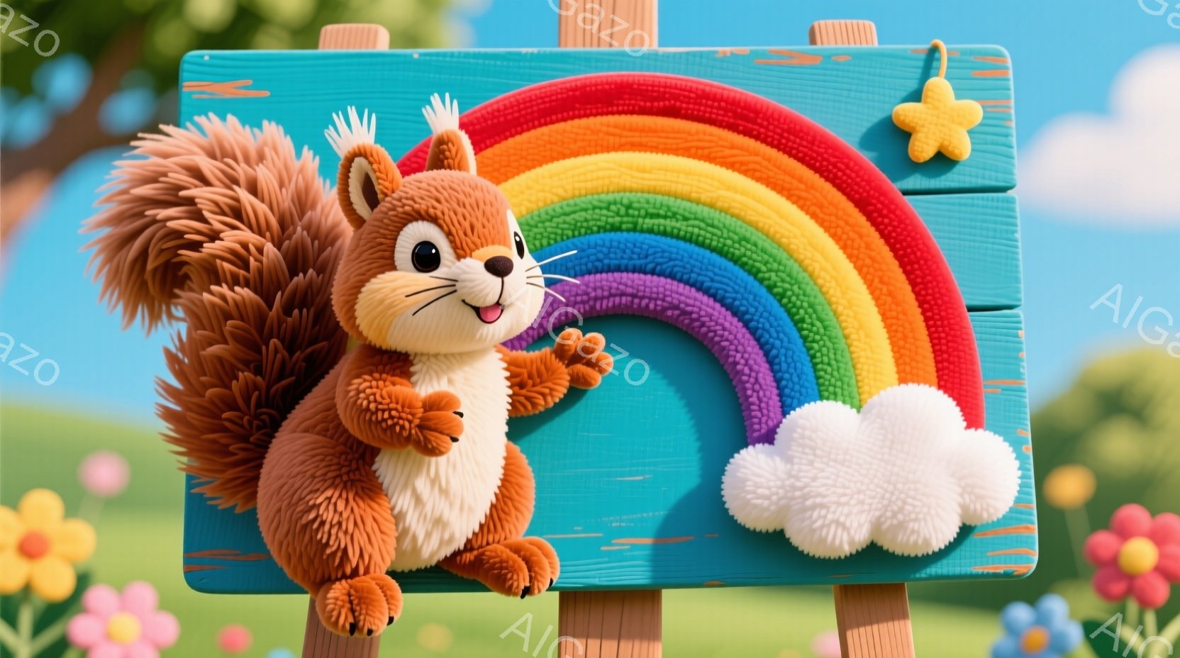 鮮やかなターコイズブルーの板に、ふわふわの茶色いリスが寄りかかっています。リスは白いお腹と胸、輝く目、そして愛らしい笑顔を浮かべており、左手を上げています。背景には緑の草原、色とりどりの花、そして虹と - AI生成フリー素材