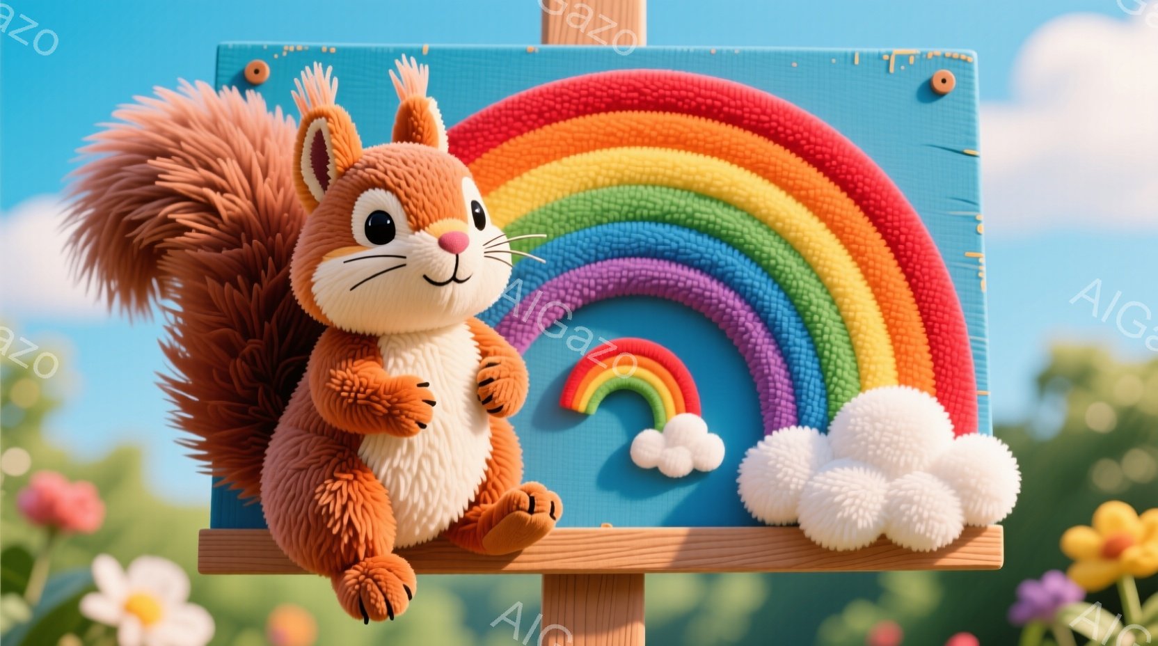 明るい青色の板の上に、ふわふわの茶色のリスが立っています。リスは嬉しそうな表情で、大きな目をしています。背景には緑の草、カラフルな花、そして虹と白い雲が描かれており、全体的に暖かく、楽しい雰囲気です。 - AI生成フリー素材
