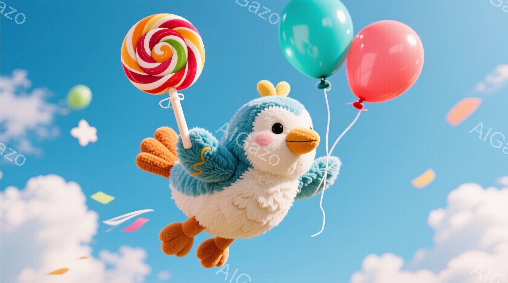 ふわふわした水色の鳥が、キャンディーと風船を持って空を飛んでいます。鳥は明るい表情で、オレンジ色の足で優雅に空を舞い、周囲にはカラフルな紙吹雪が舞っています。背景は明るい青空と白い雲で、全体的に軽やかで楽しい雰囲気が漂っています。