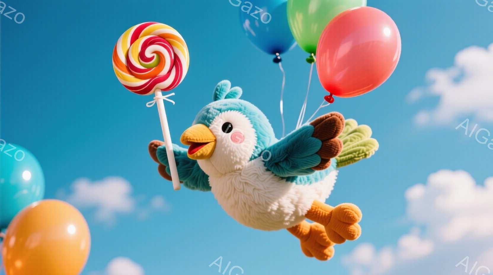 ふわふわした青と白の鳥のぬいぐるみは、カラフルな棒付きキャンディーを片手に持ち、空中に浮かんでいます。周囲には青、オレンジ、緑の風船が散らばり、晴れた青空を背景に、楽しげで夢幻的な雰囲気が漂っています - AI生成フリー素材