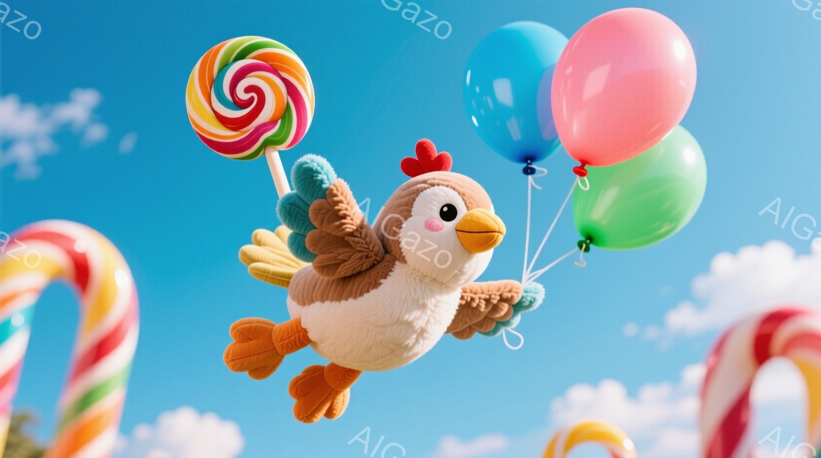 ふわふわした茶色のヒヨコが、カラフルな風船とキャンディーに吊り下げて空を飛んでいます。ヒヨコは丸い赤い頬を持ち、嬉しそうな表情で、背景には青空と雲、そして渦巻き状のキャンディーが点在しています。全体的に明るく、夢のような、遊び心のある雰囲気が漂っています。