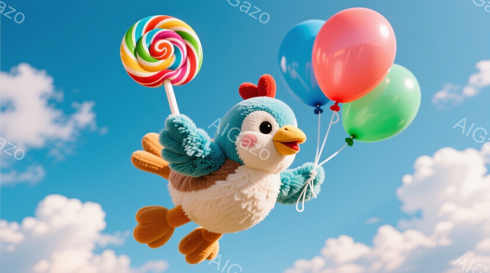 ふわふわの青い鳥が、虹色のキャンディとカラフルな風船を持って空を飛んでいます。鳥はつぶらな瞳で笑顔を見せ、その愛らしい姿は見る人に幸福感を与えます。背景は青空と白い雲が広がり、明るく晴れやかな雰囲気が - AI生成フリー素材